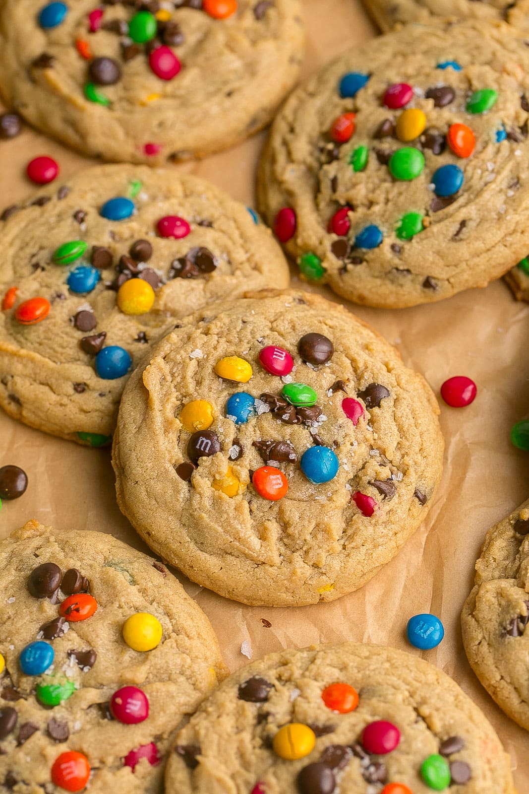 Peanut Butter M&M Cookies topped with flaky sea salt.