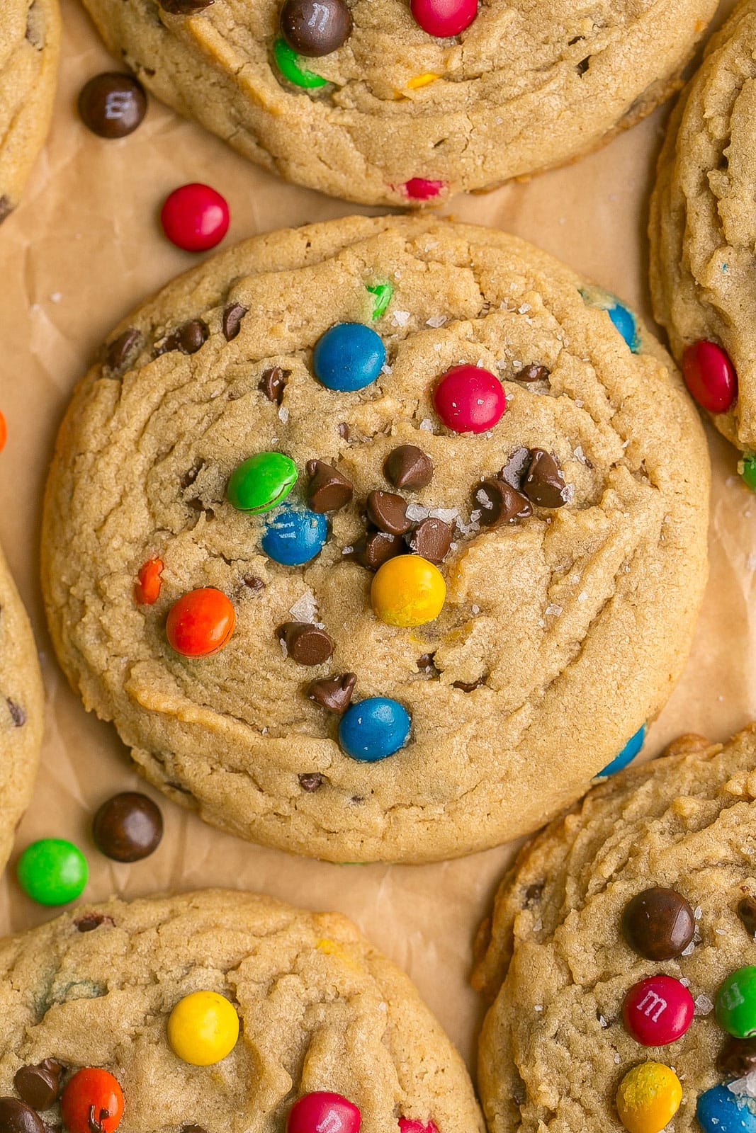 Close up of a soft and chewy peanut butter cookie with m&ms and chocolate chips.