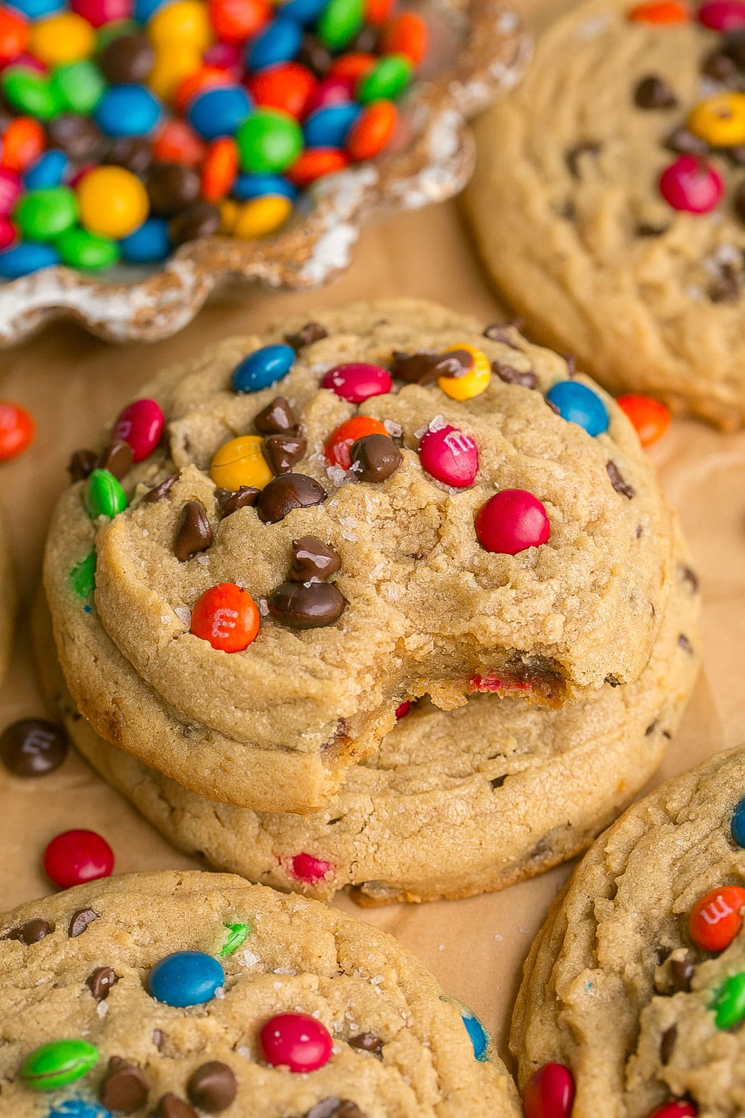 Peanut Butter M&M Cookie with a bite mark.