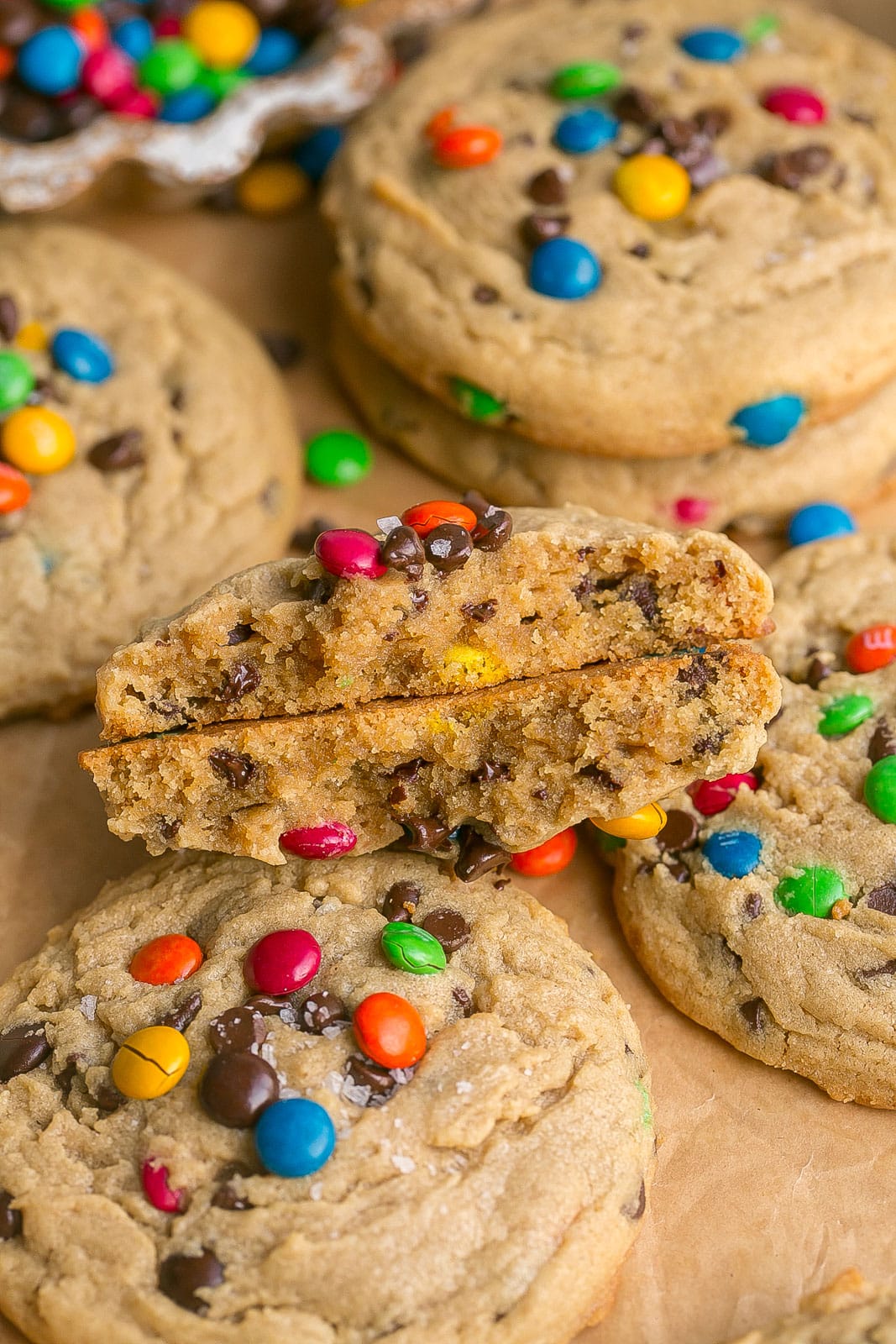 Peanut Butter M&M Cookie split in half.