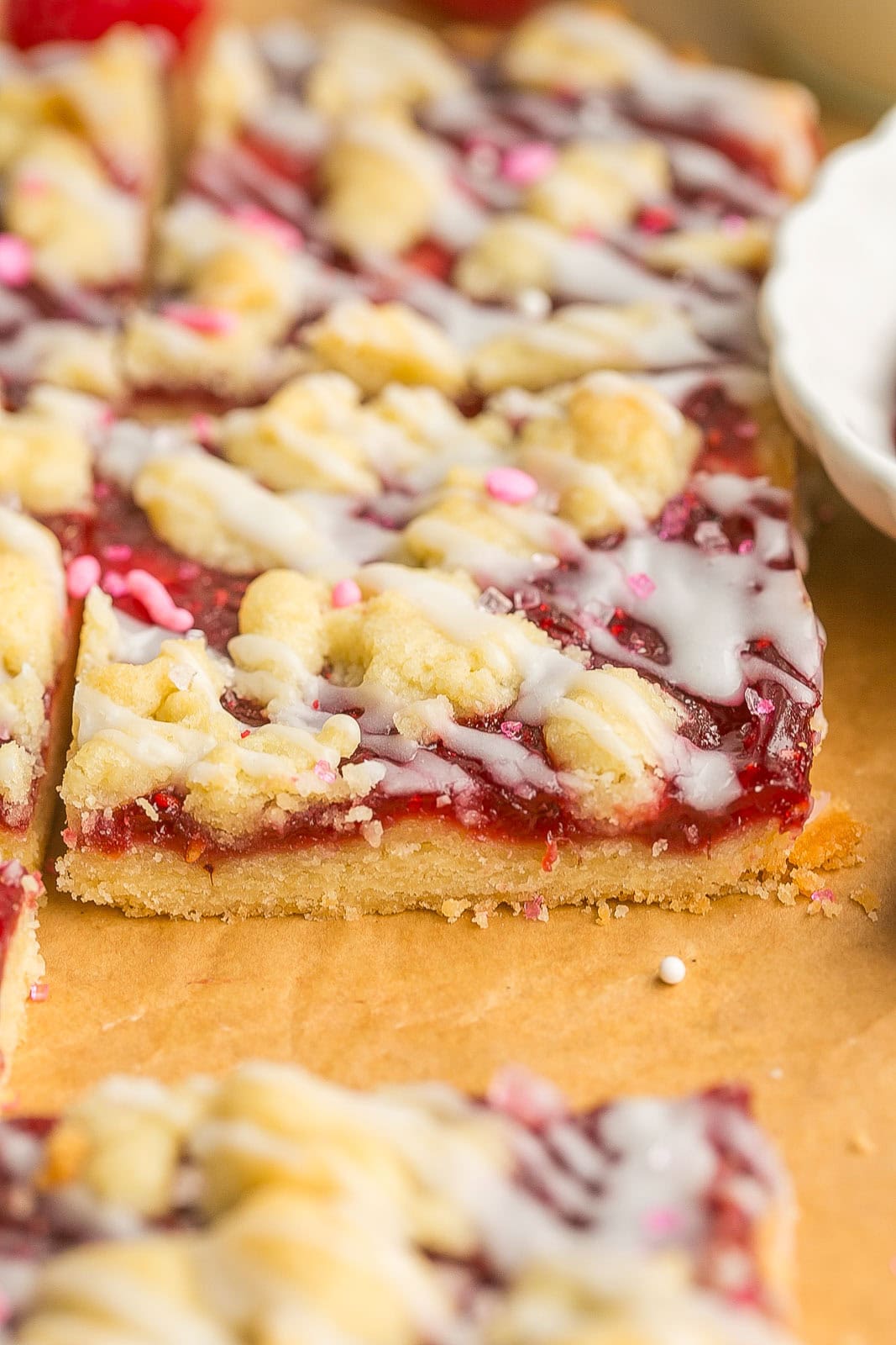 Side view of Raspberry Shortbread Cookie Bars.