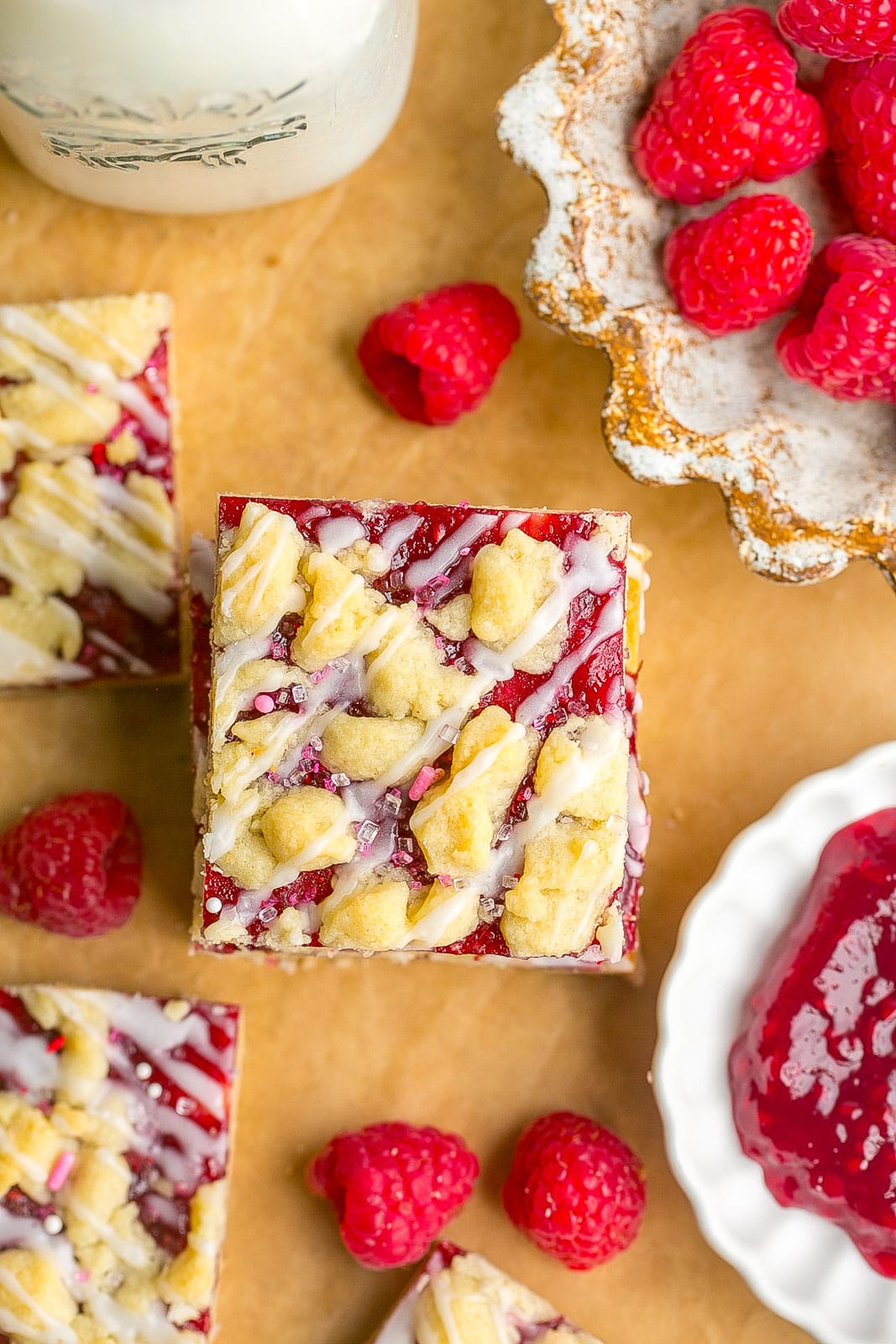 Valentine's Day Iced Raspberry Shortbread Cookie Bars.