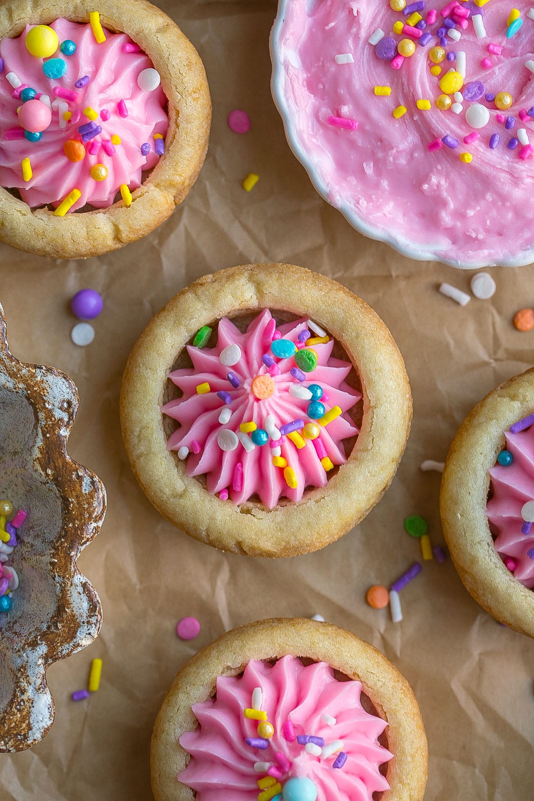 Sugar cookie cup with frosting and sprinkles. 