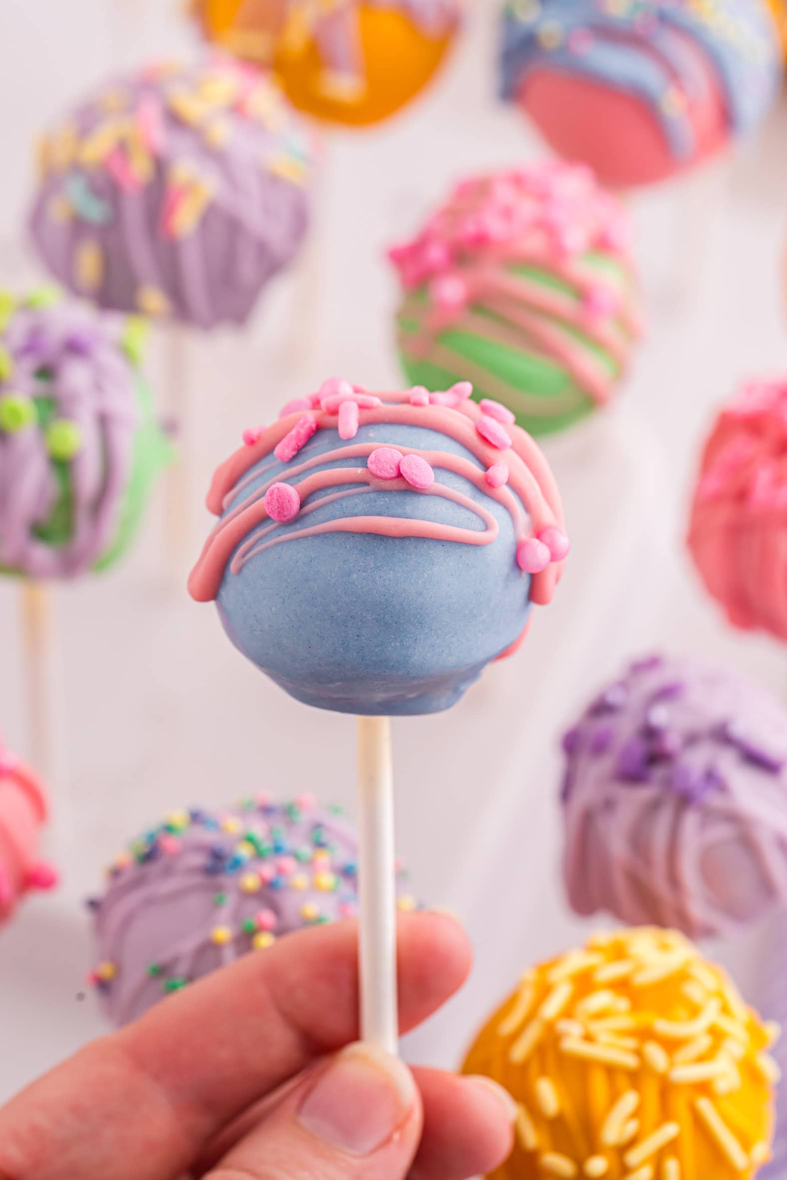 Close up of Easter Cake pop with pink sprinkles.