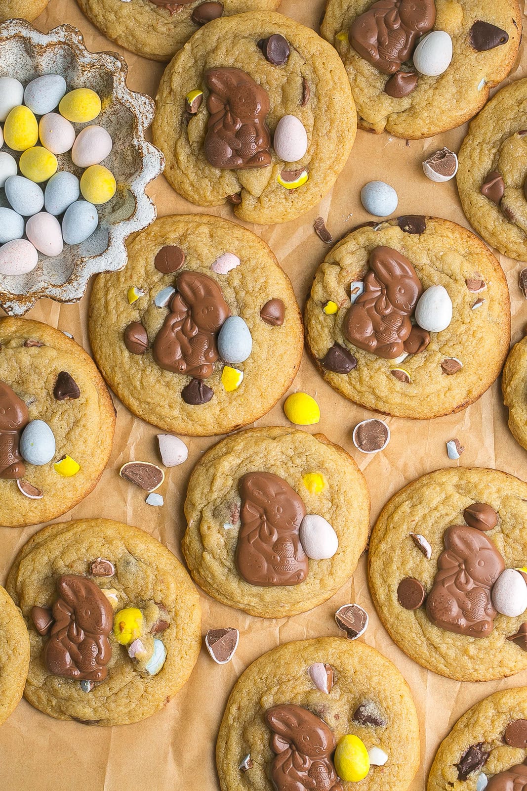 Cadbury Egg Cookies with chocolate bunnies.