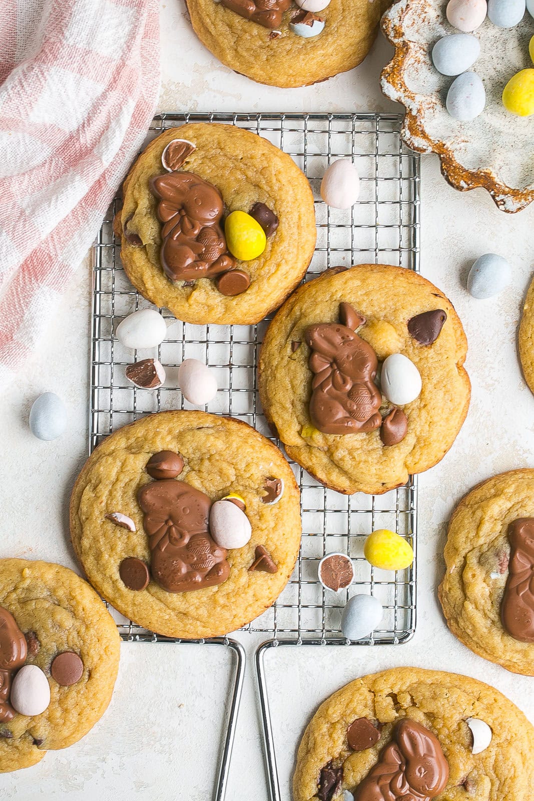 Easter Chocolate Chip Cookies on wire cooling rack.