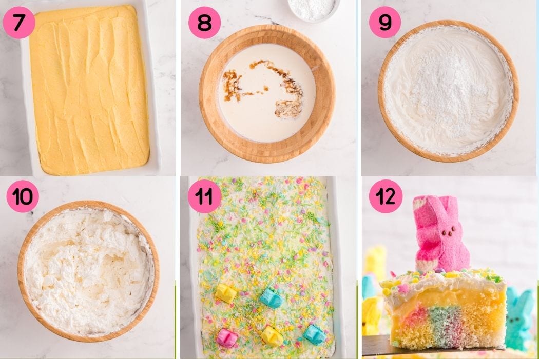 Step by step instructions on how to make a colorful Easter cake.