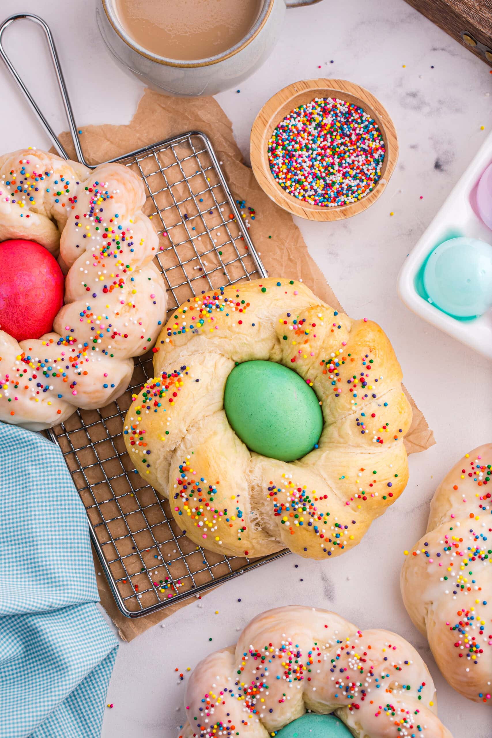 Italian Easter Breads on cooling rack.