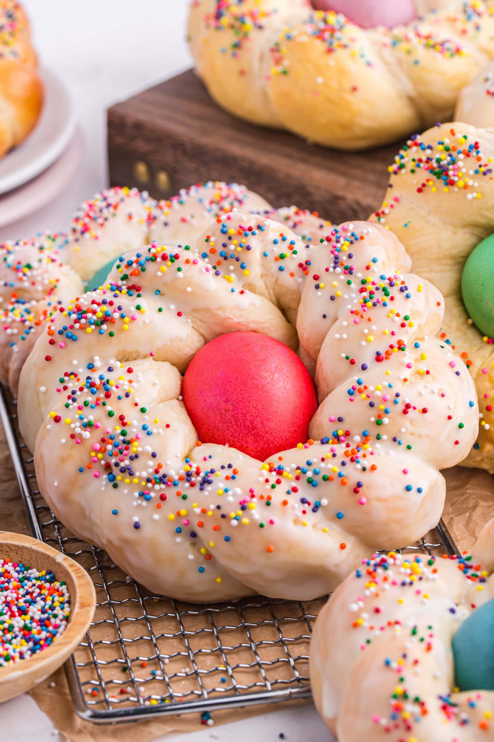 Glazed Italian Easter Bread with rainbow sprinkles.