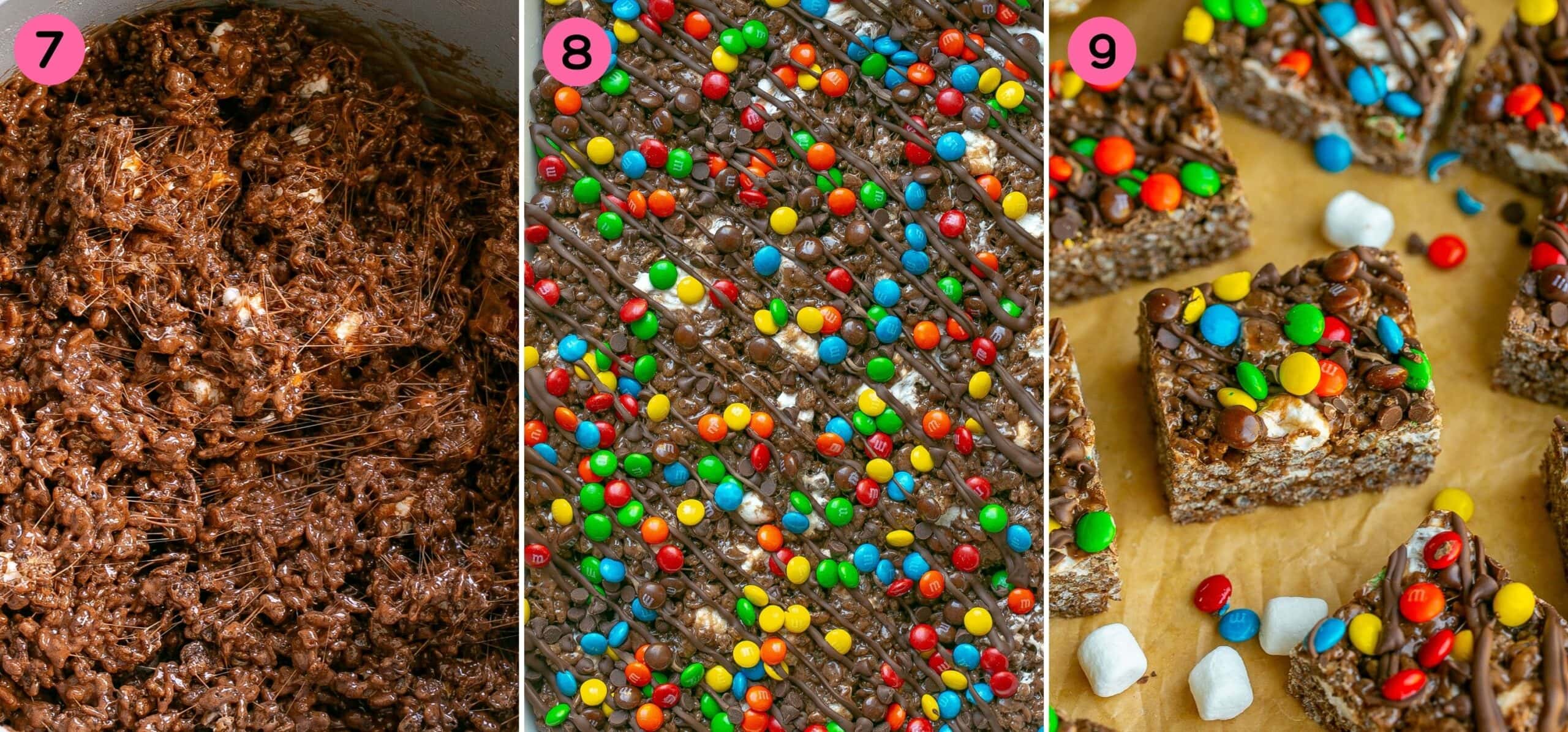 Step by step process on how to make Chocolate Rice Krispie Treats.