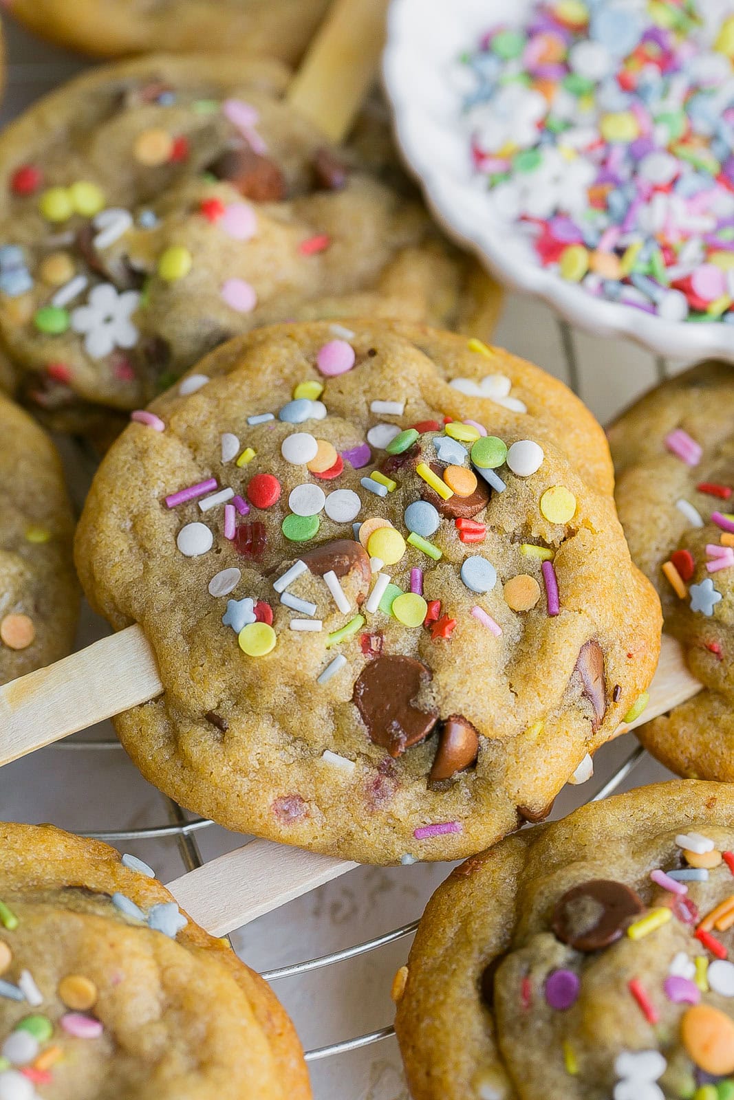 Chocolate Chip Cookie Pops with sprinkles.