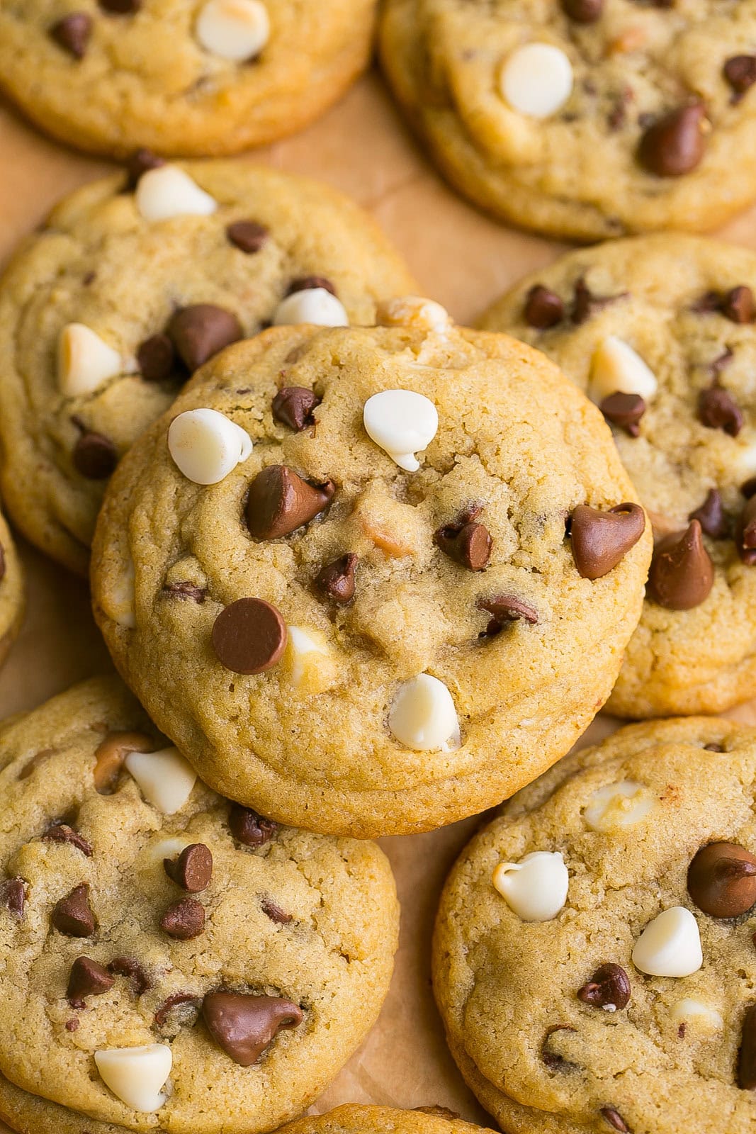 Close up of gooey chocolate chip cookie.