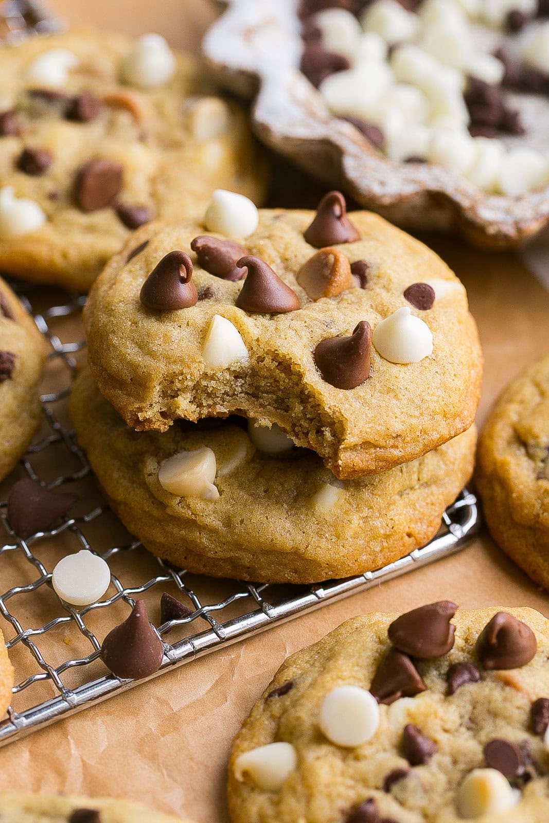Bite mark in a soft and chewy cookie.