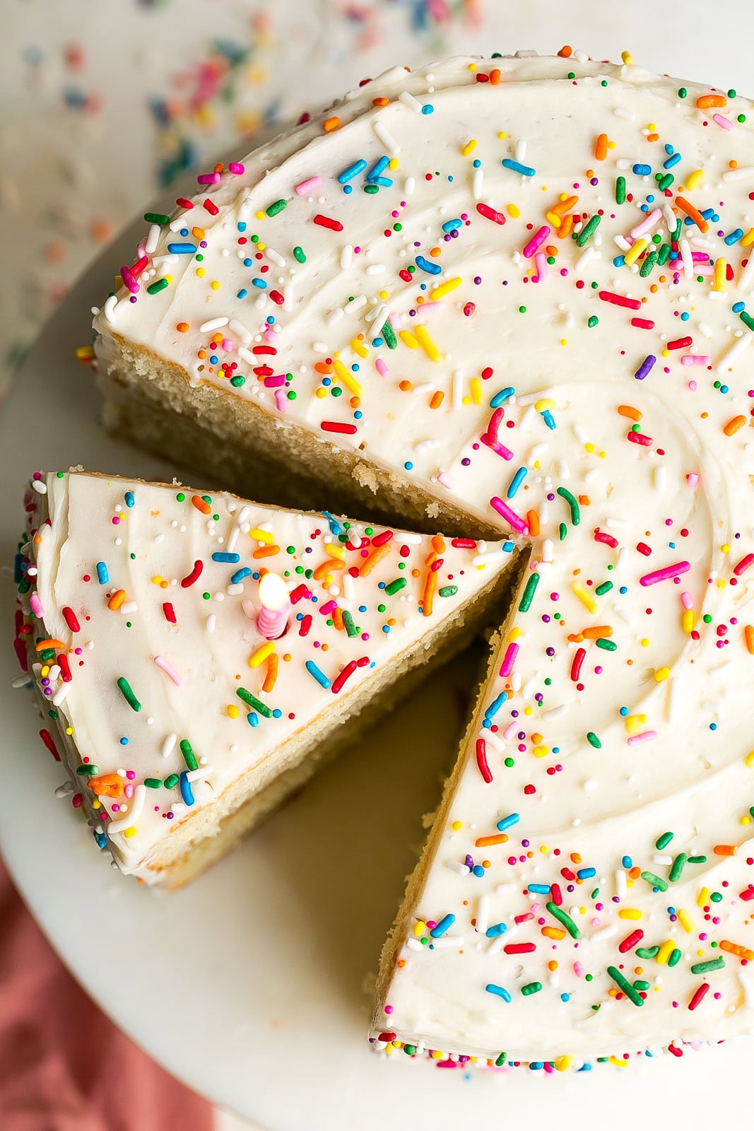 Birdseye view of Buttermilk Cake with sprinkles.