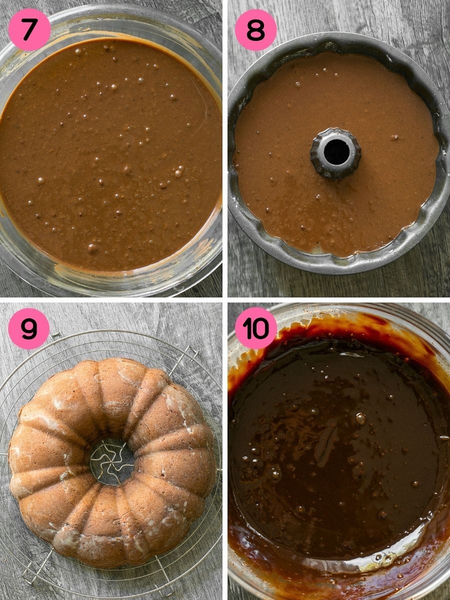 Chocolate cake batter in bowl and in greased bundt pan.