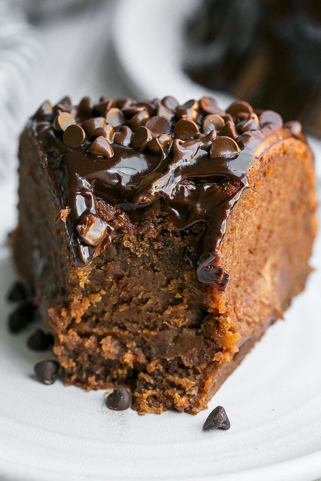Double Chocolate Bundt Cake with bite mark from fork.
