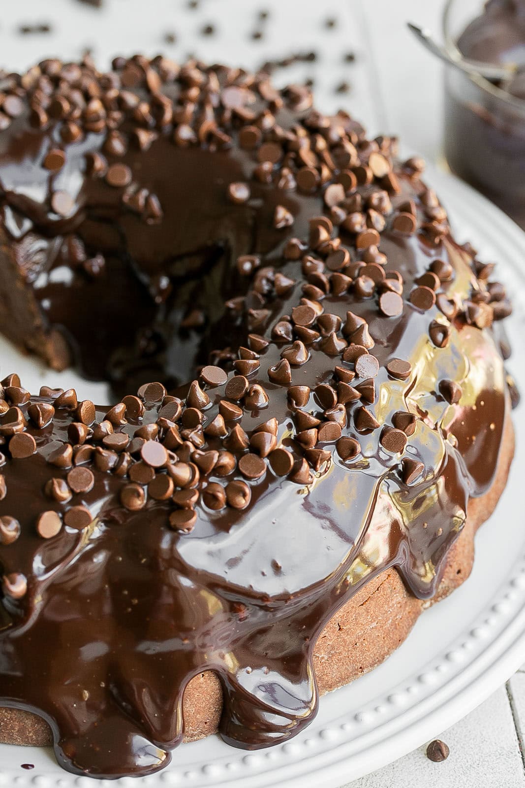 Side view Cake with ganache on top.