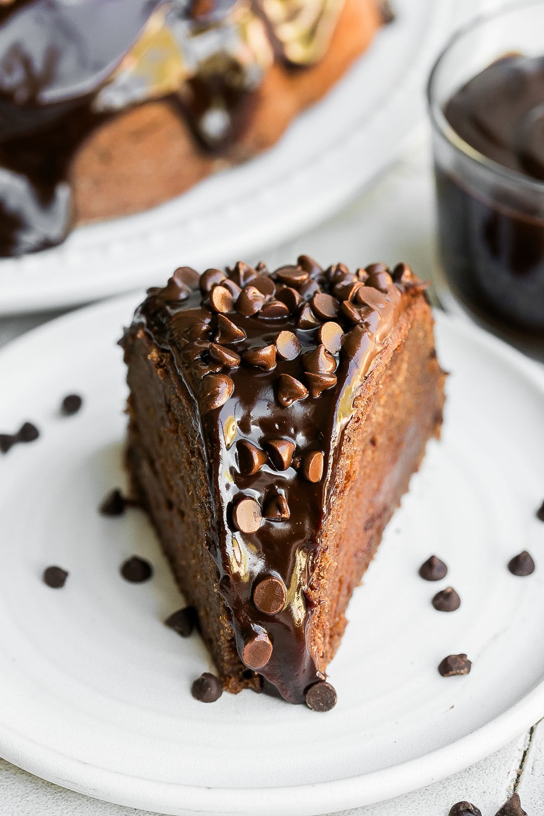A perfect slice of Bundt Cake with chocolate.