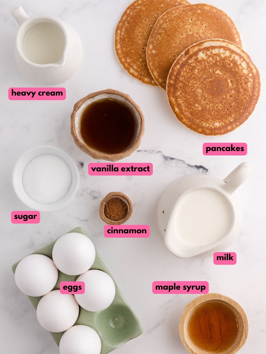 Ingredients to make Pancake Breakfast Casserole.