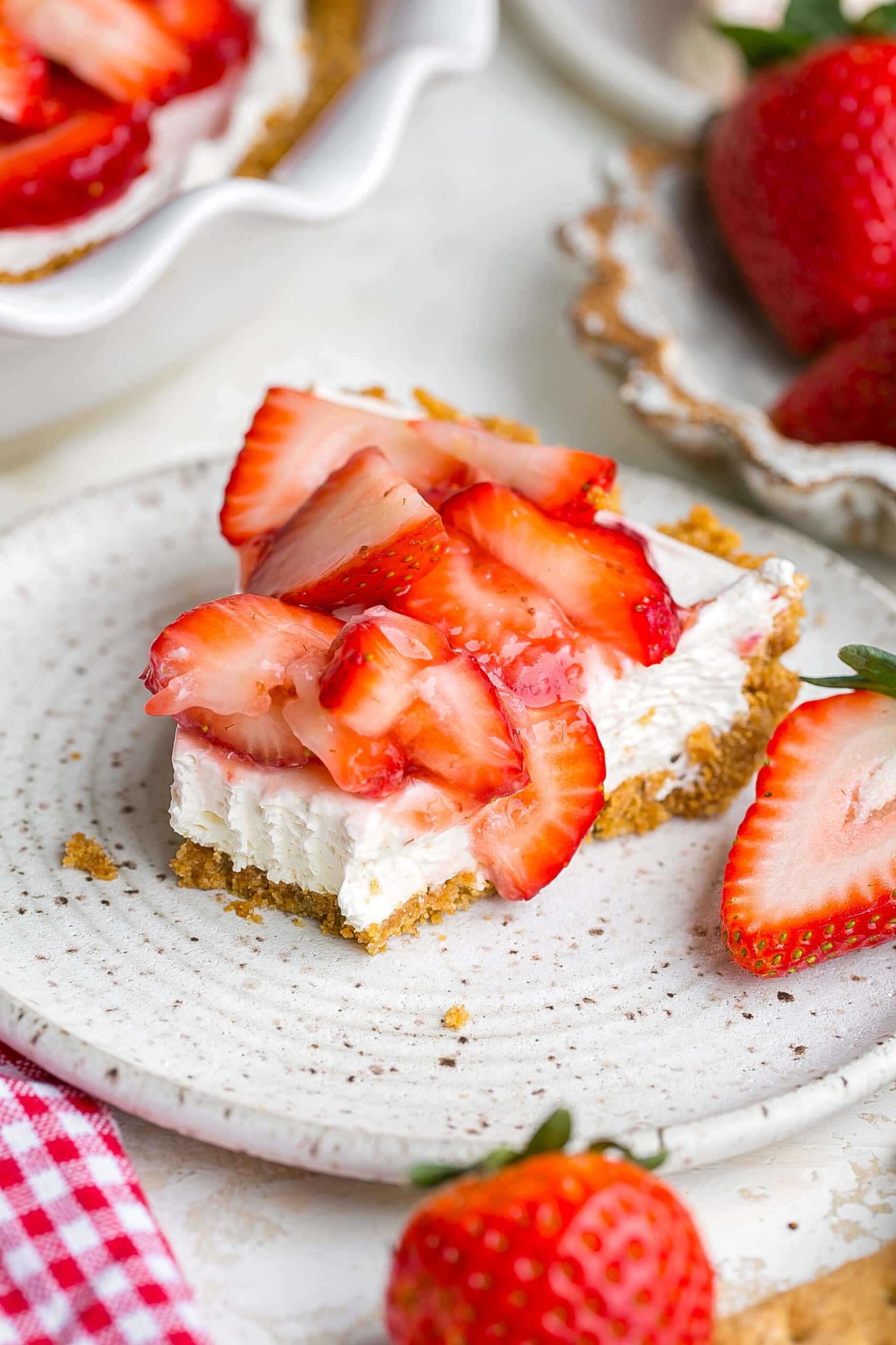 No Bake Strawberry Pie with fork mark.