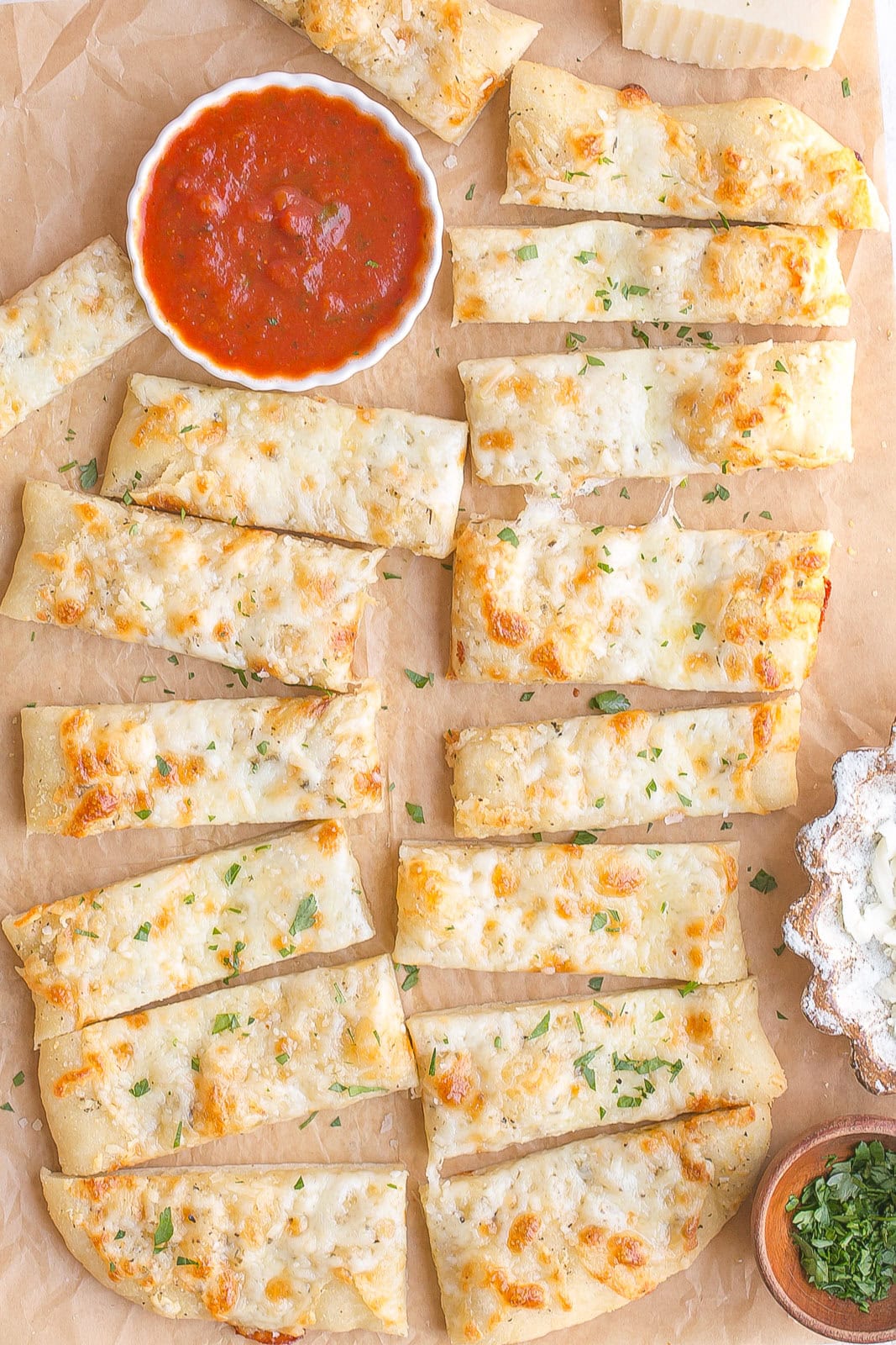 Pizza Dough Bread Sticks with pasta sauce.