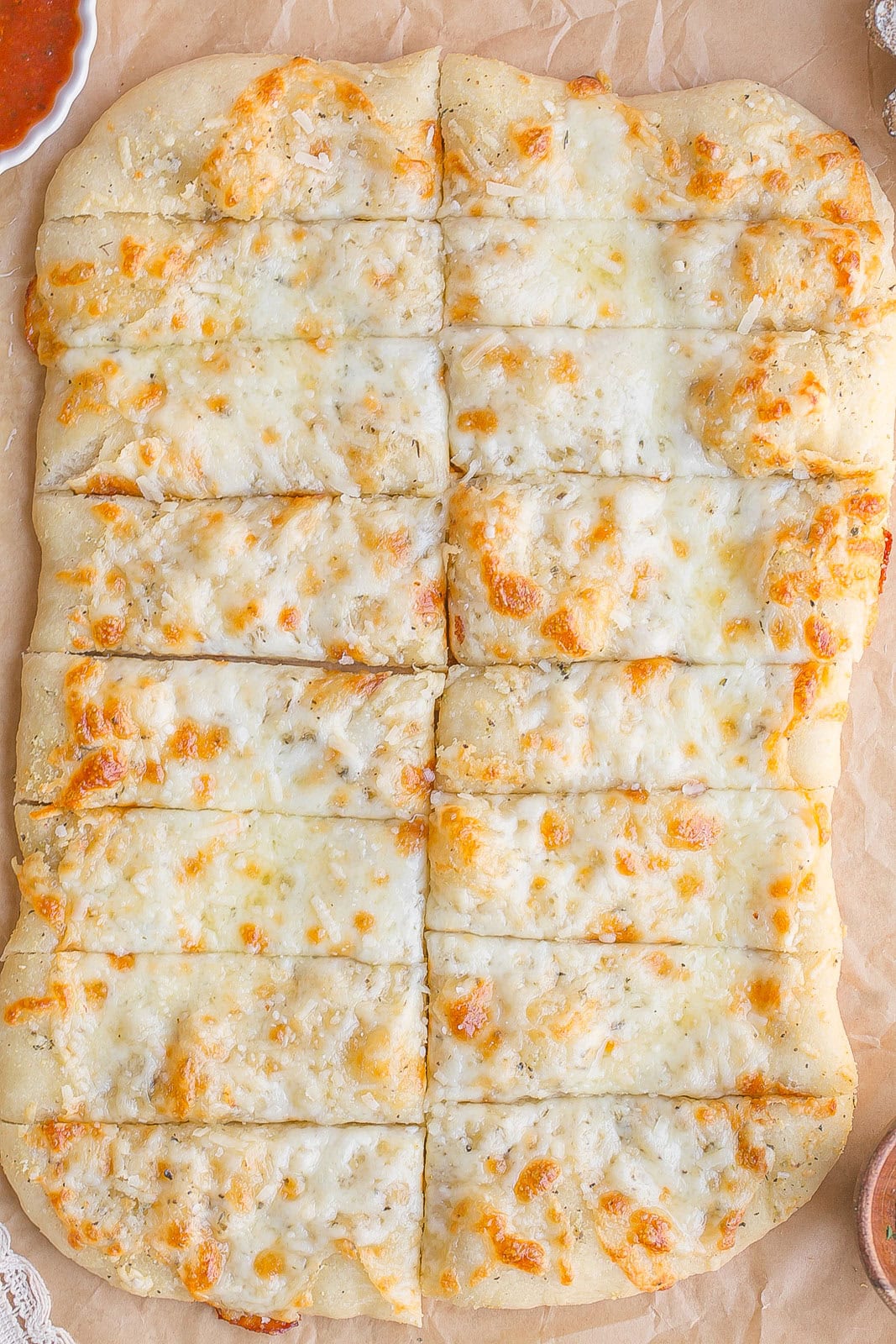 Cheesy bread sticks made with pizza dough. 