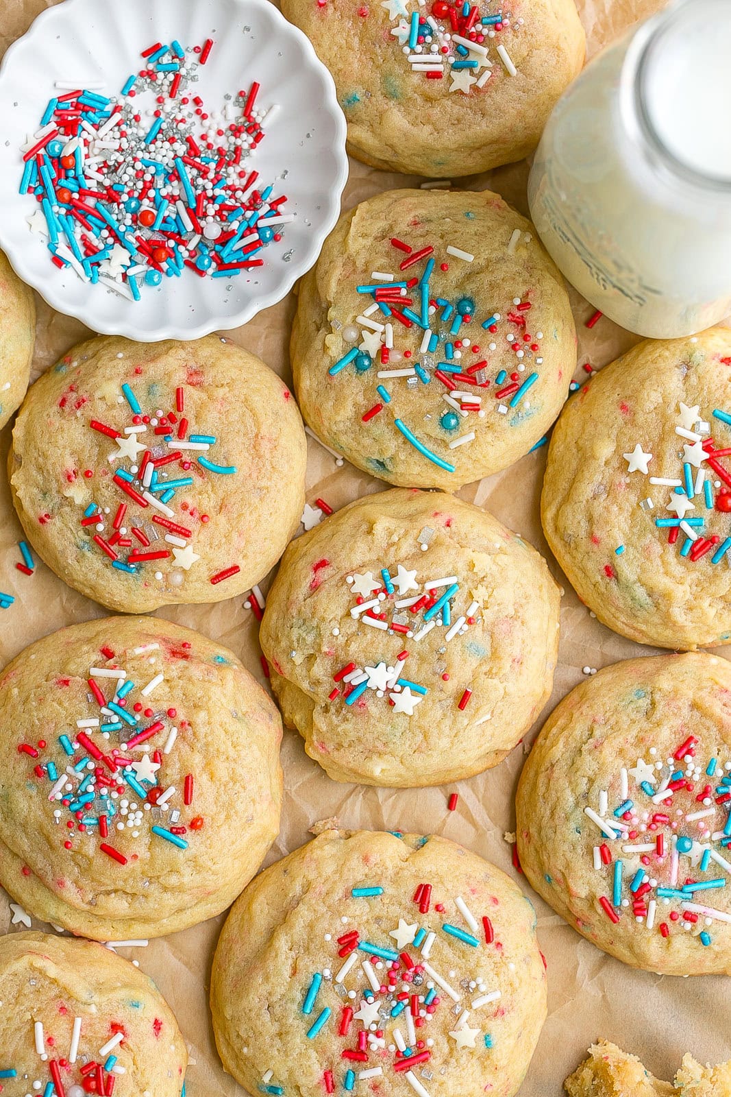 Red, White and Blue Cookies on parchment paper.