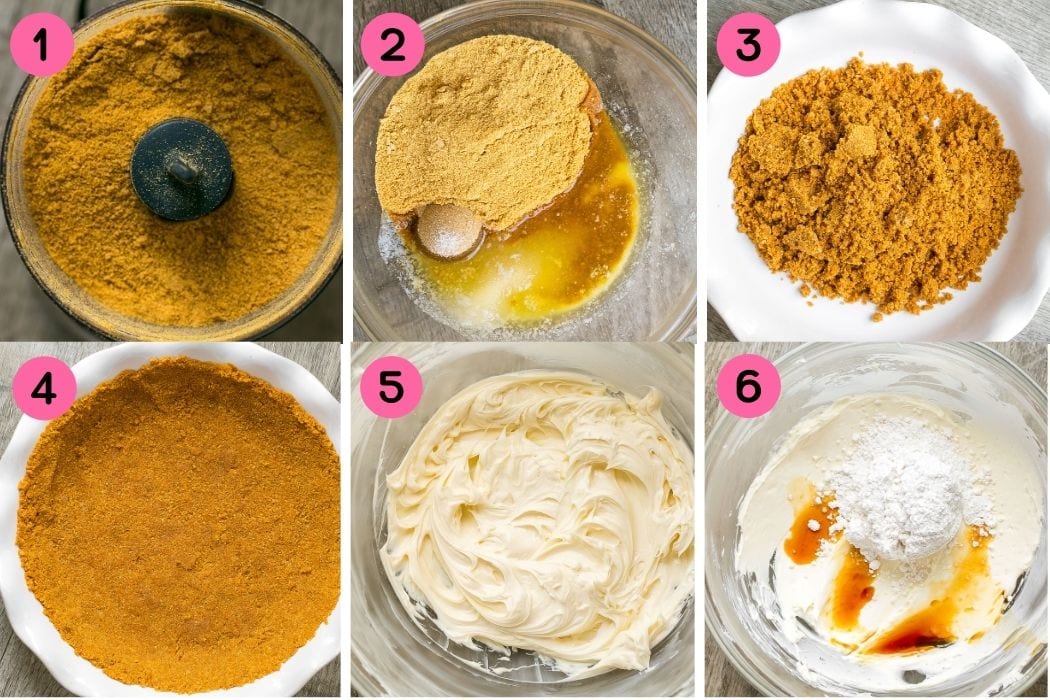 Step by step process shots of how to make strawberry cream cheese pie.