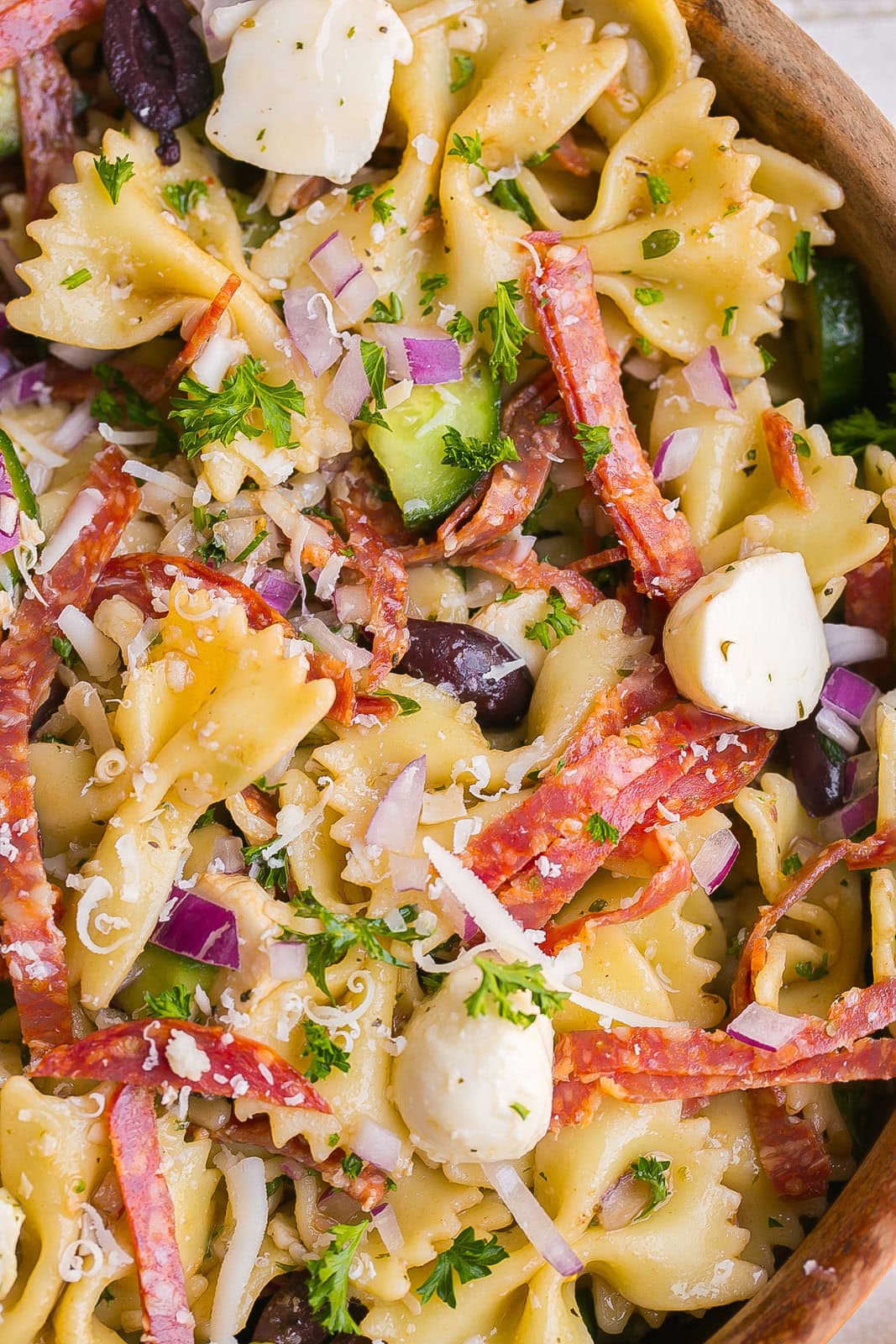 Close up of Bow Tie Pasta Salad