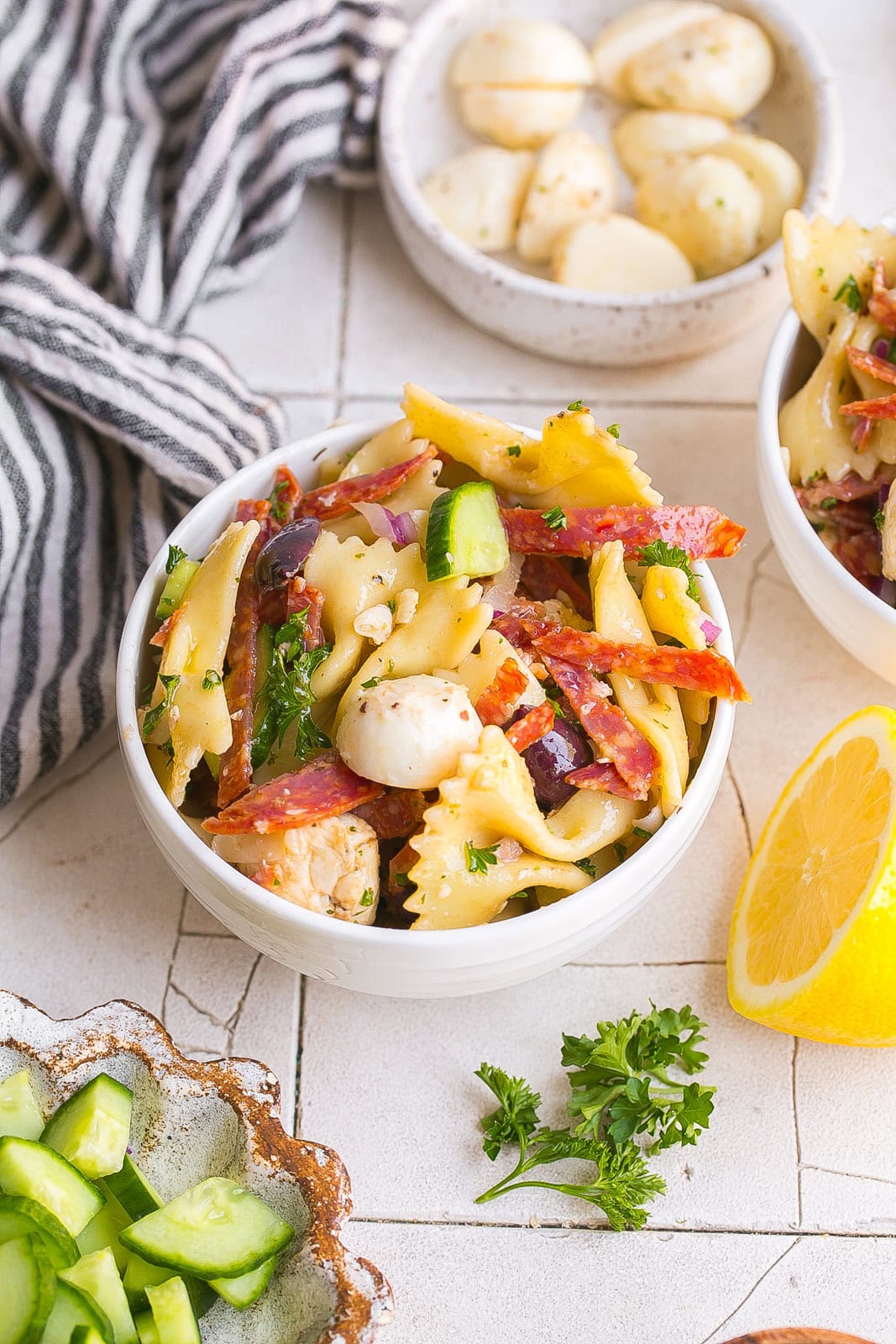 Bowl of Bow Tie Pasta Salad.