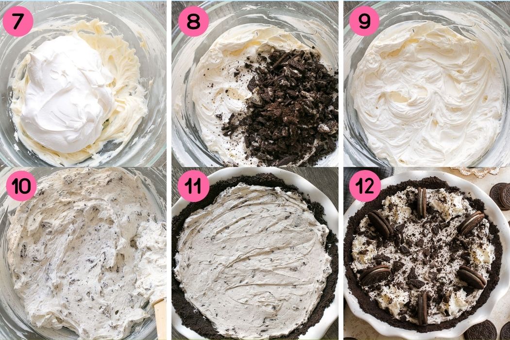 Process photos of how to make a no bake pie with Oreos.
