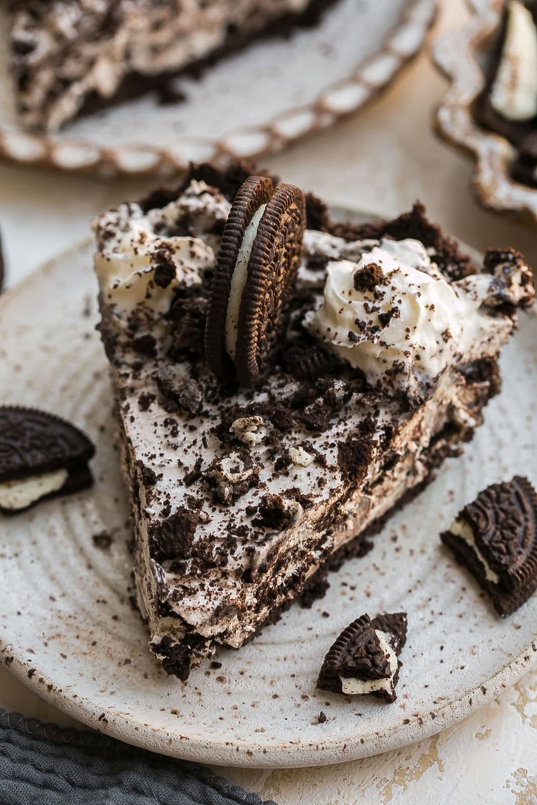 A perfect slice of Cookies and Cream pie.