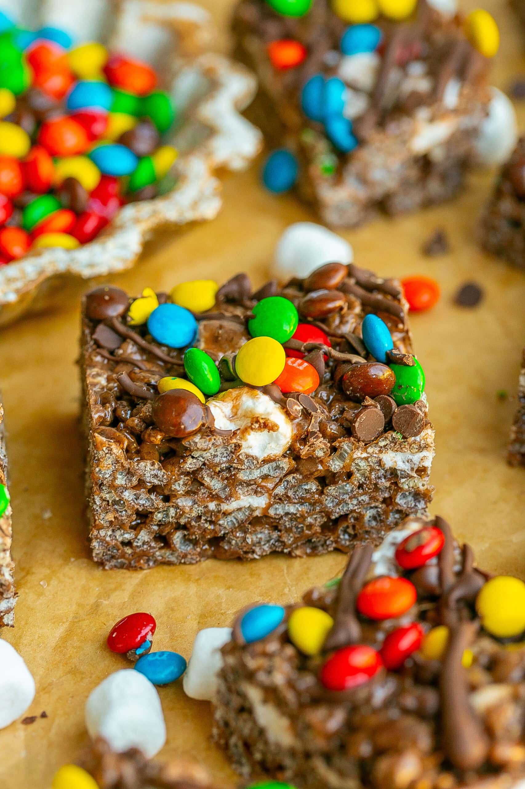 Chocolate Rice Krispie Treats with M&Ms on top.