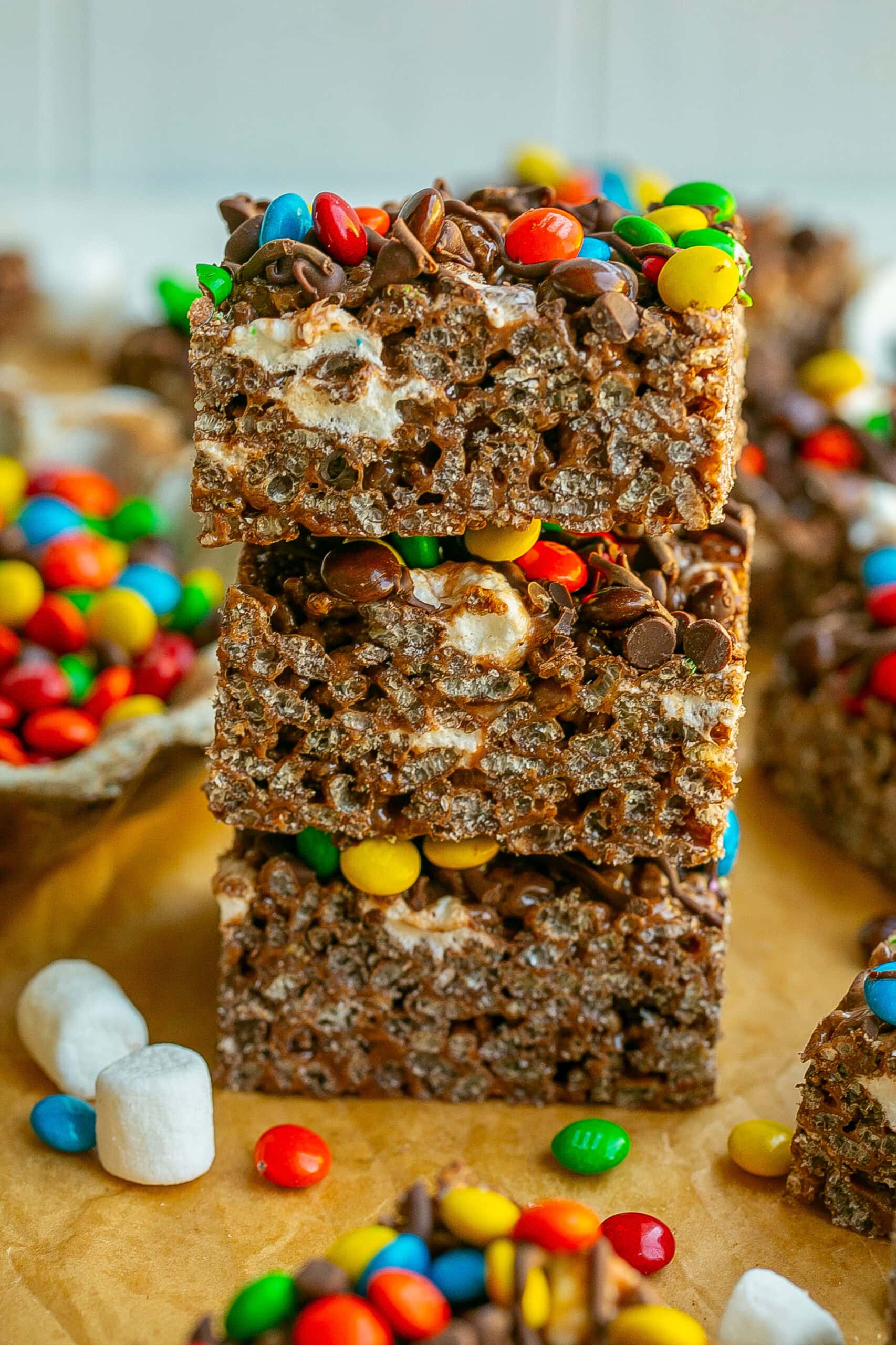 A big stack of chocolate no bake treats.