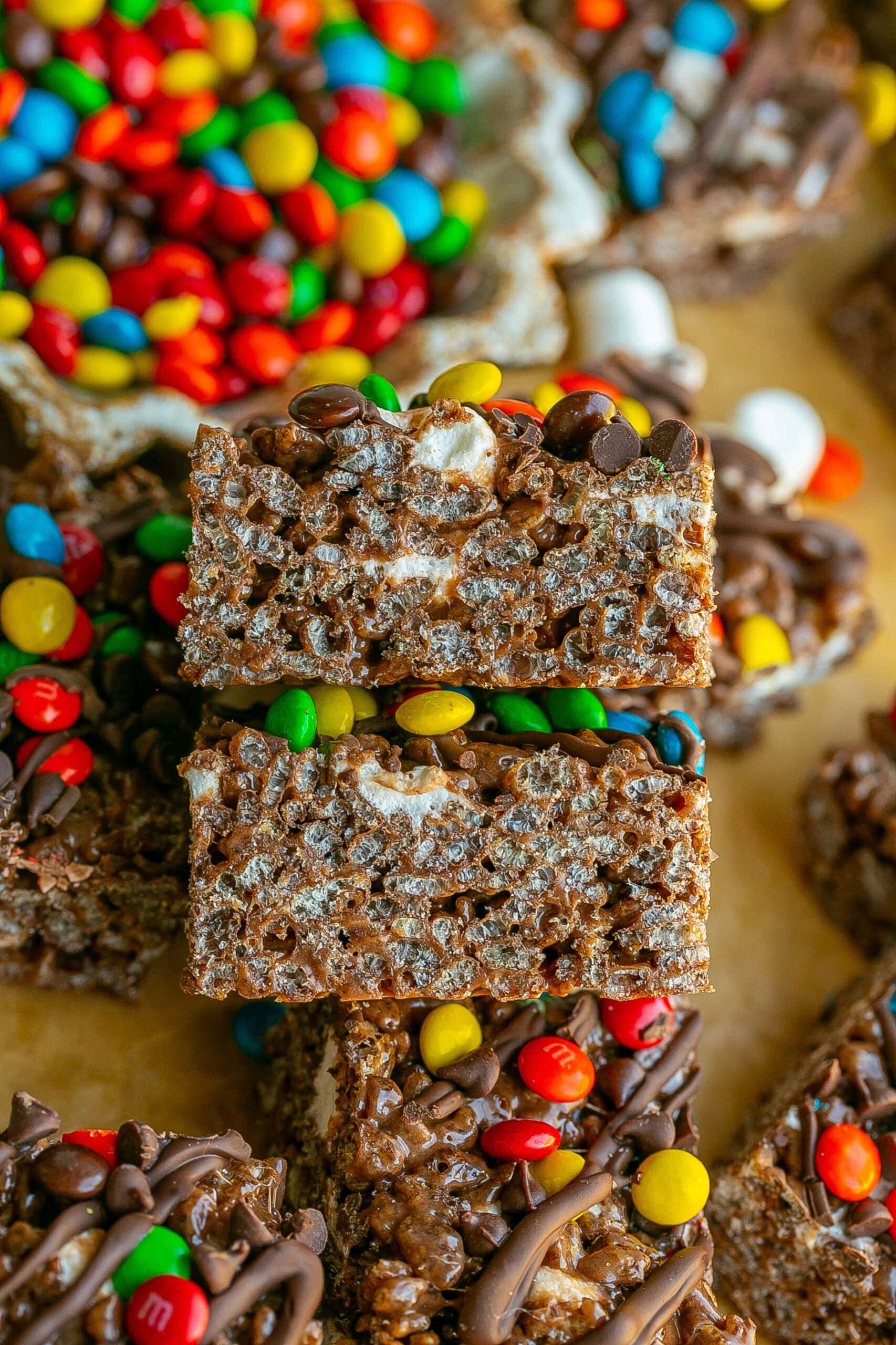 Stack of Chocolate Rice Krispie Treats sideways.