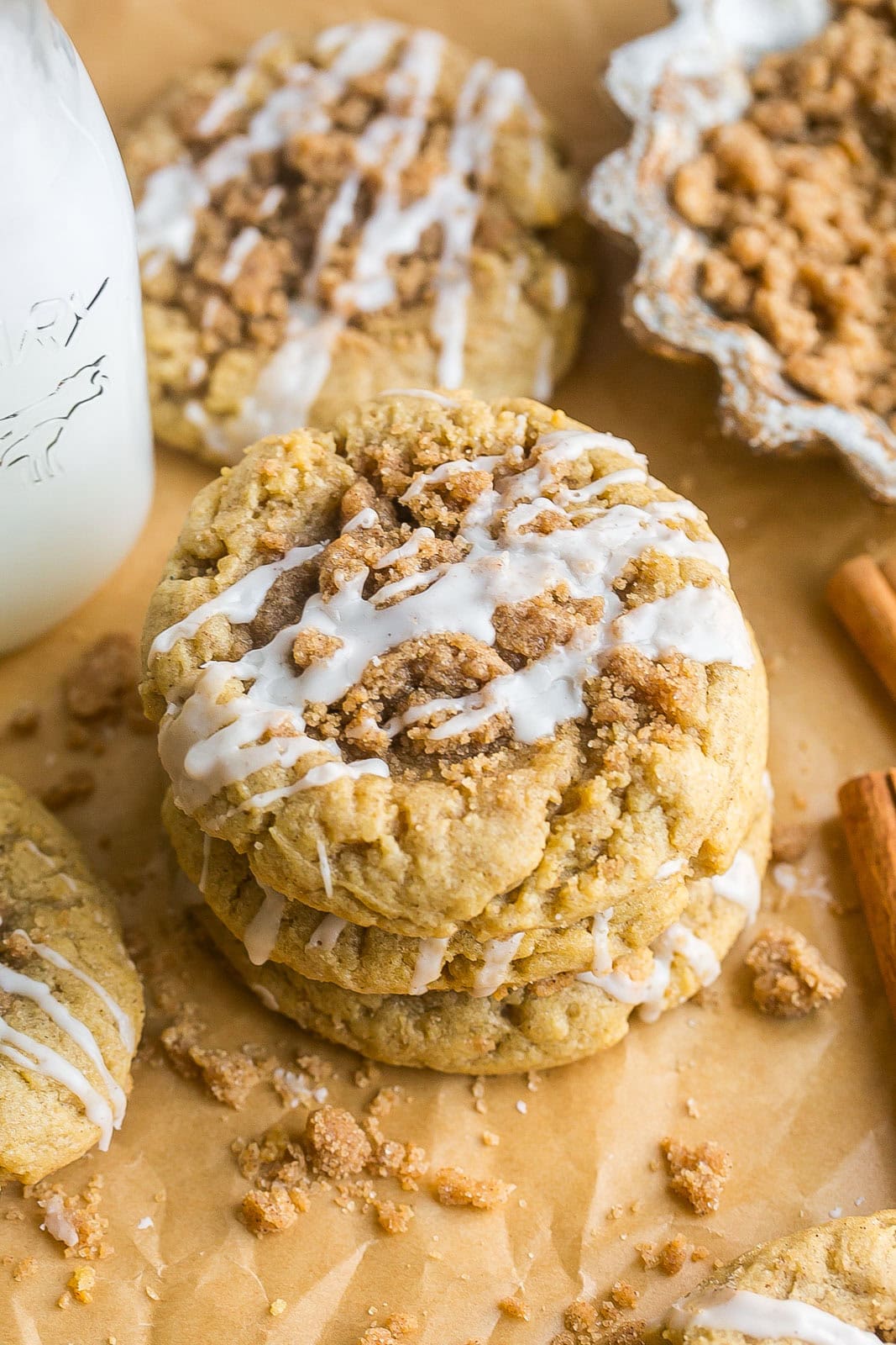 Stack of Cinnamon Streusel Cookies with milk.