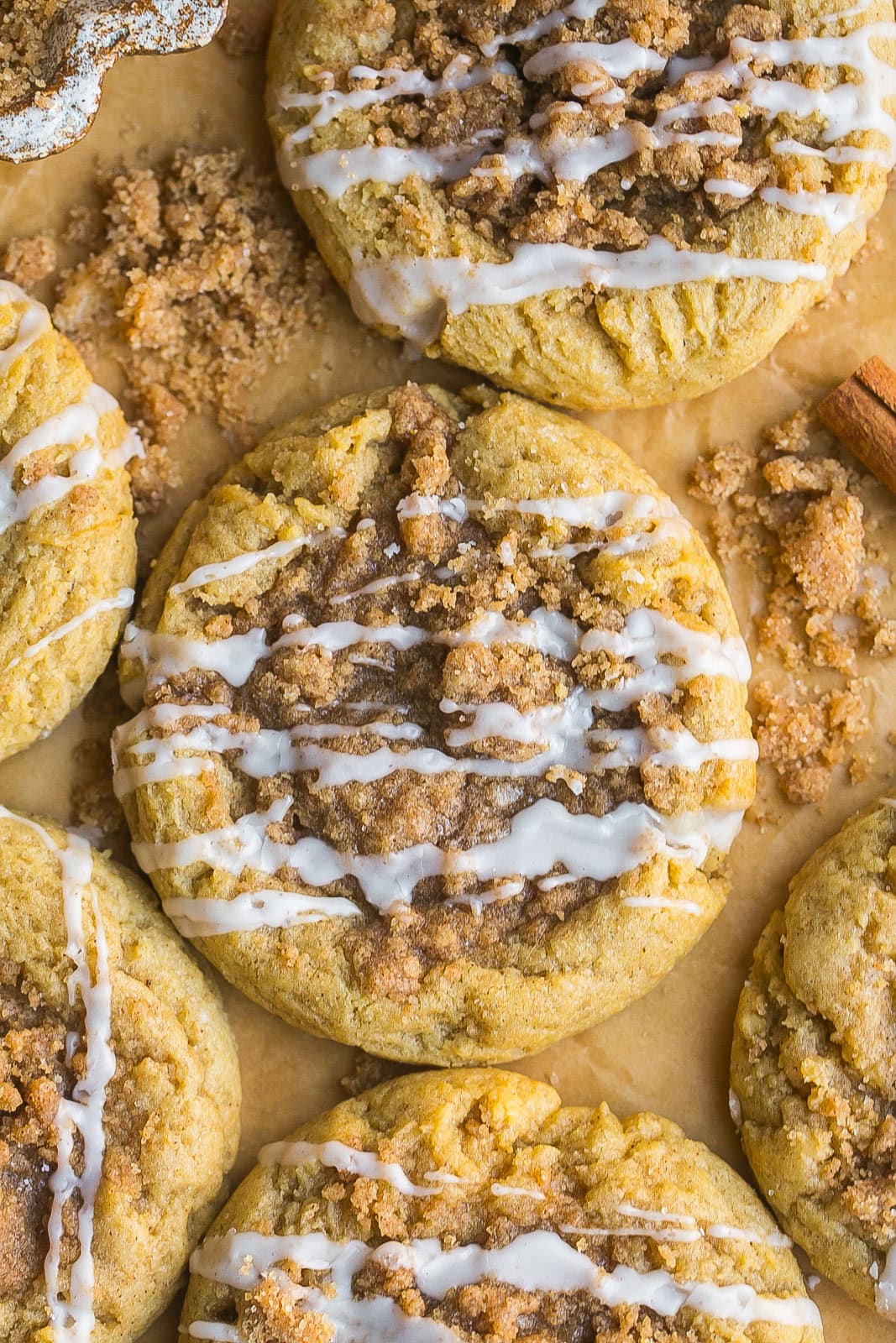 Birds eye view of Coffee Cake Cookies with streusel and icing on top.