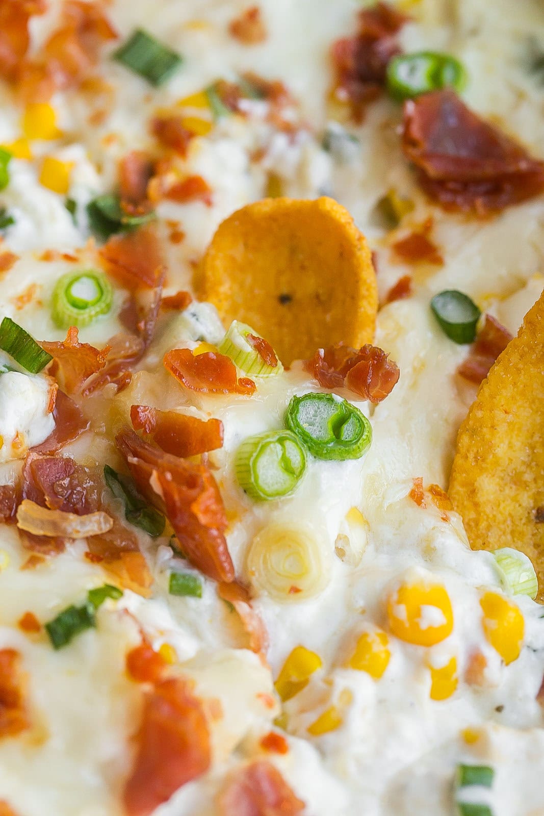 Close up of Boursin Dip with corn chip dipped inside.