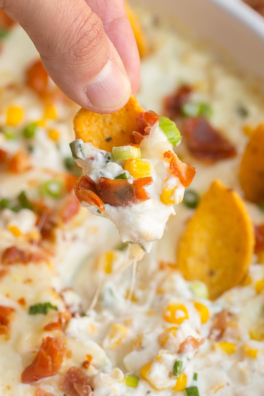 Dipped Boursin Dip on a corn chip.