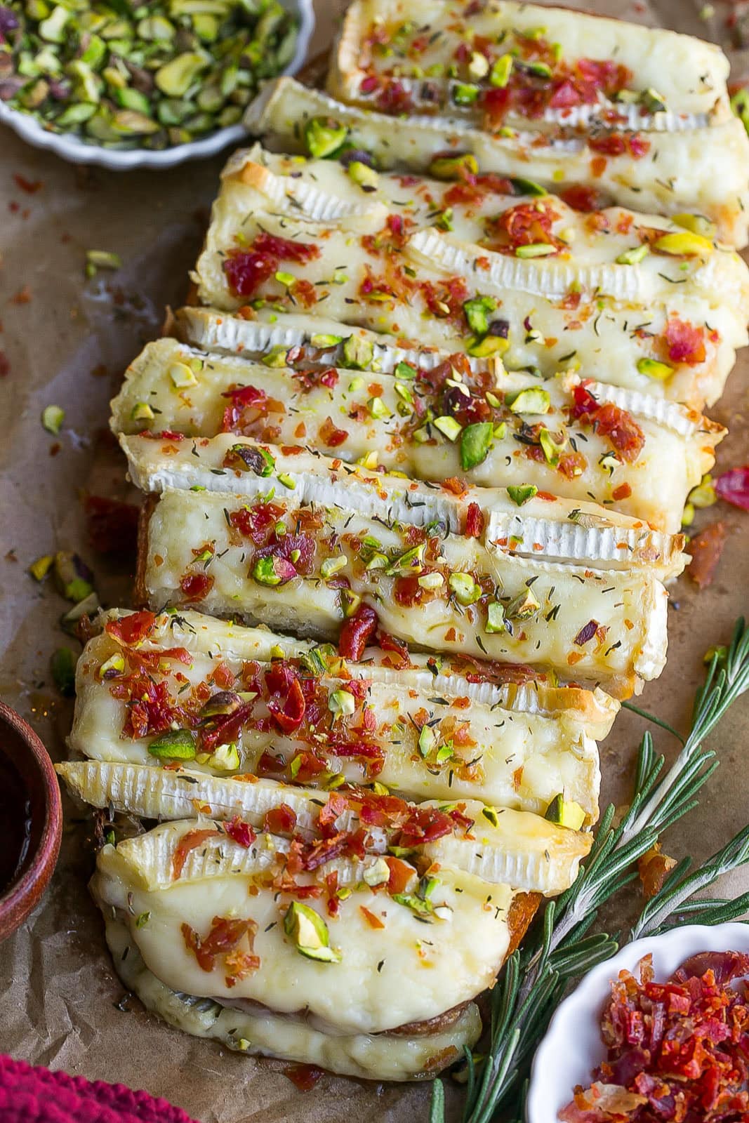 Close up of sliced brie bread.