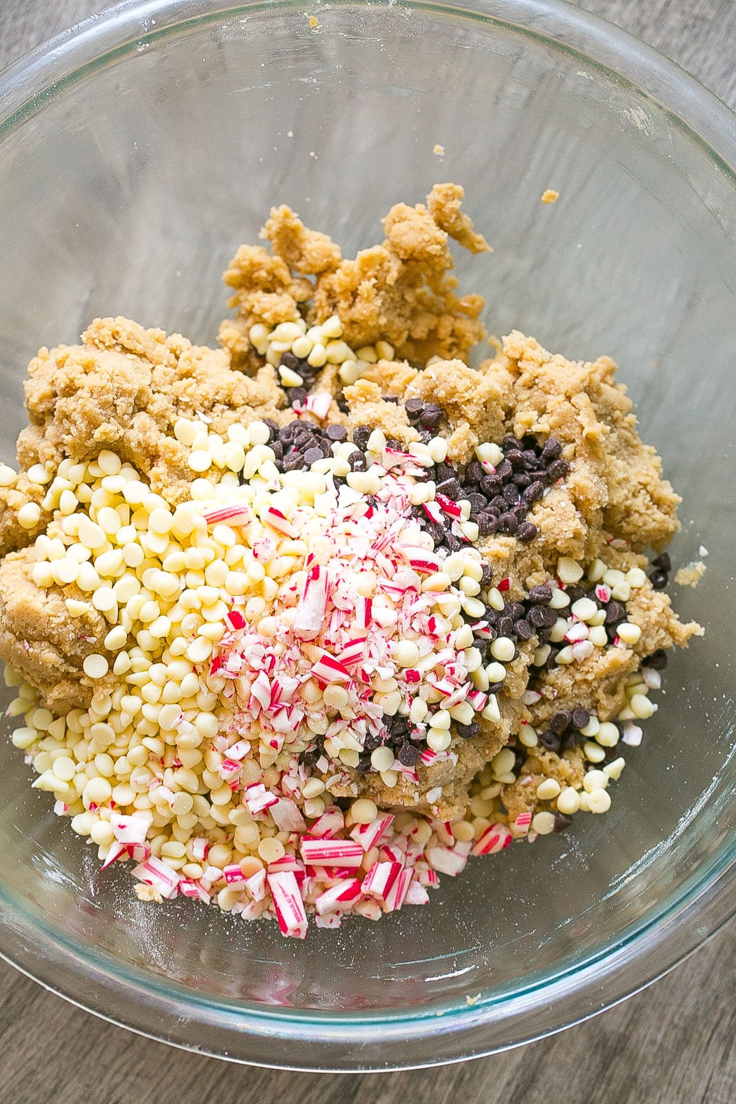 Bowl of Peppermint Chocolate Chip Cookie dough.