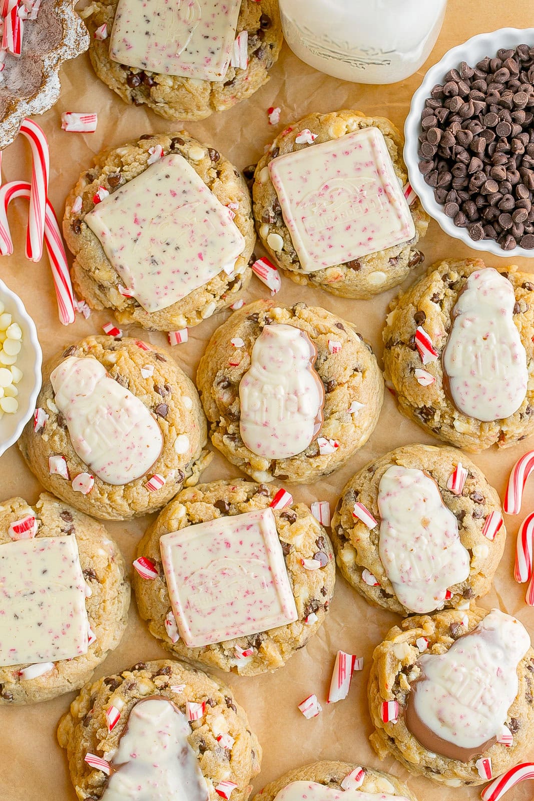 Peppermint Chocolate Chip Cookies on parchment paper.