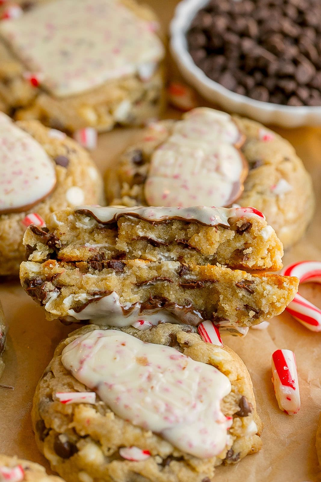 Chocolate Chip Peppermint Cookies with gooey melty chocolate chips.