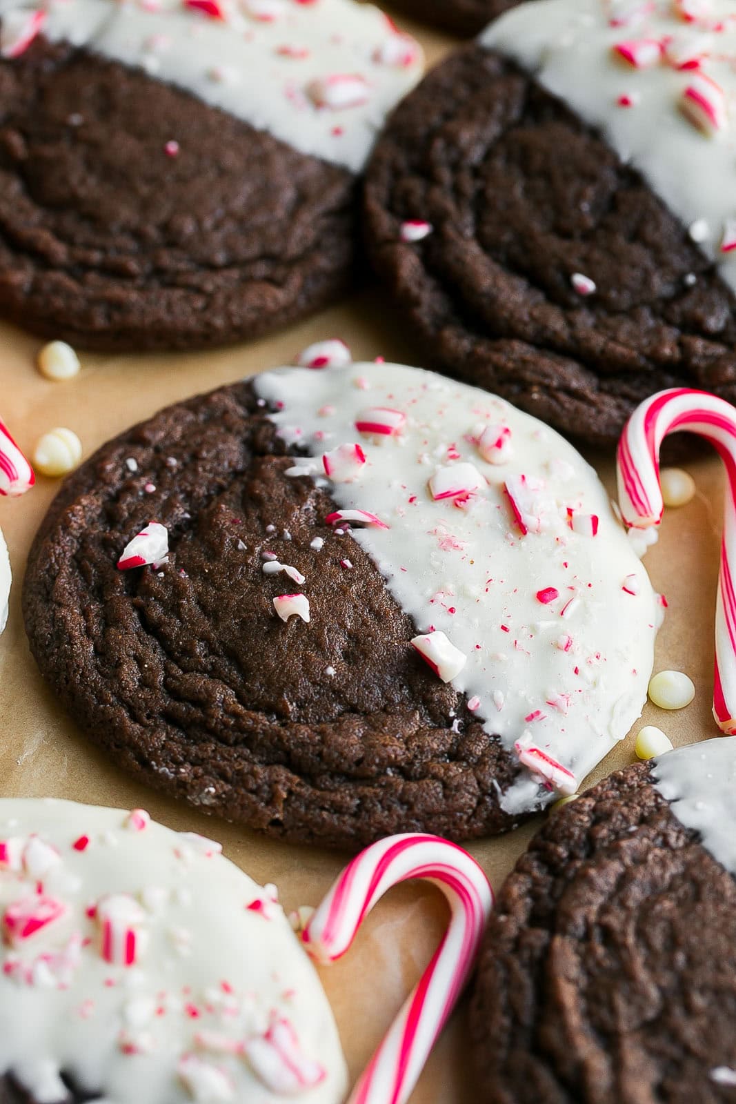 Thick, chewy and fudgy Peppermint Brownie Cookie dipped in white chocolate.