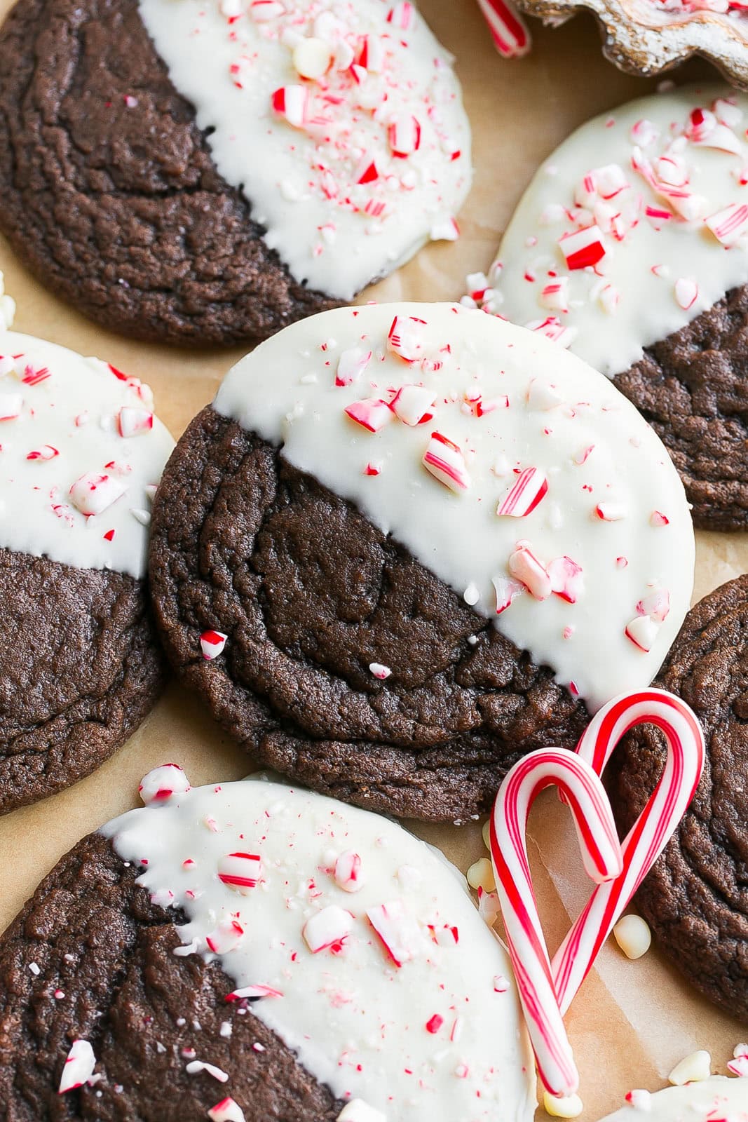 Close up of a soft and chewy Peppermint Brownie Cookie.