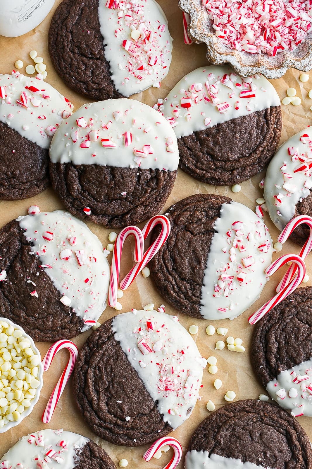 Peppermint Brownie Cookies with candy canes.