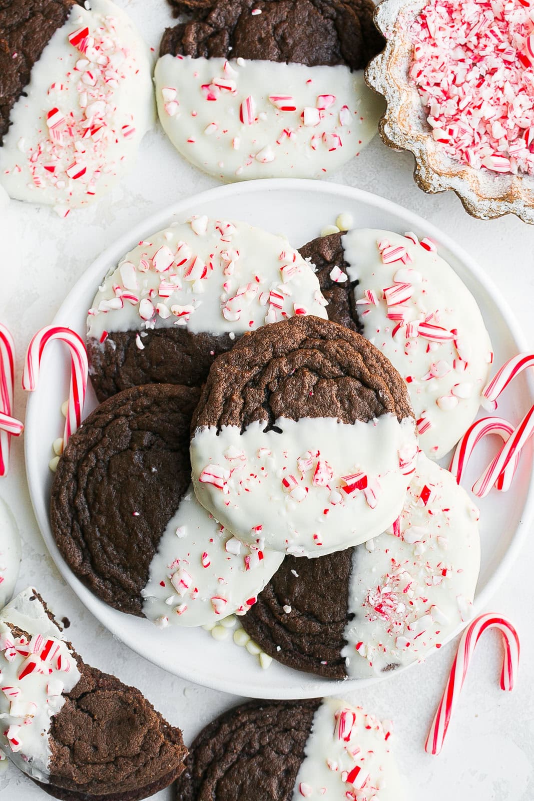 White plate of Peppermint Brownie Cookies.