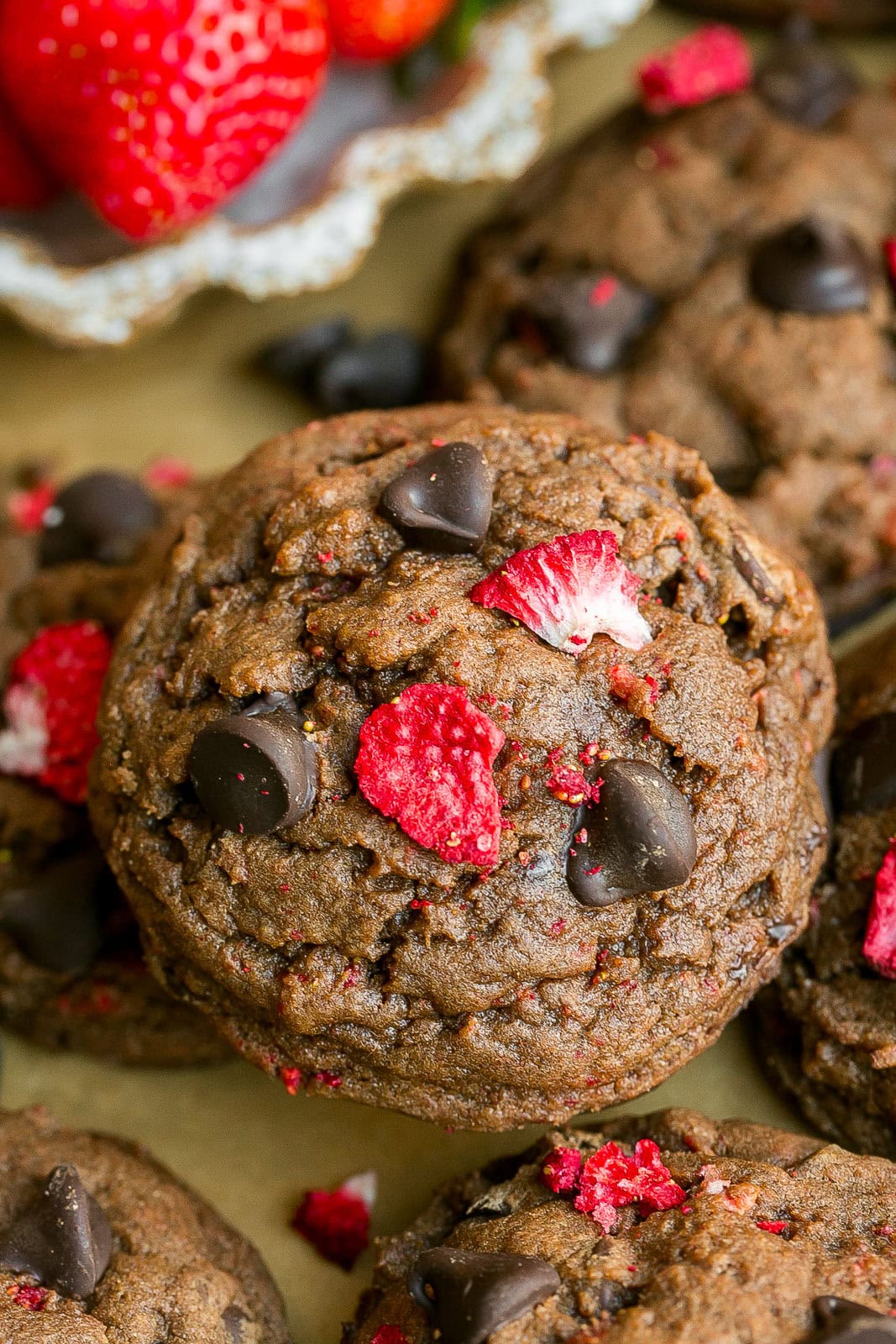 Valentine’s Day cookies with chocolate chips and freeze-dried strawberries.