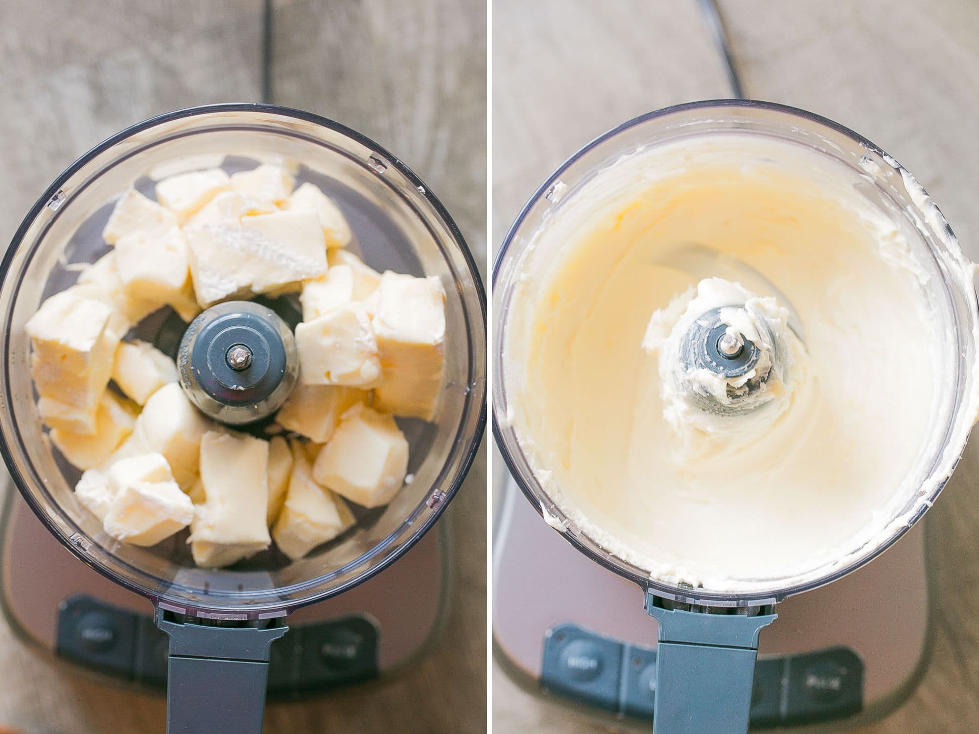 Brie cheese before and after being whipped.