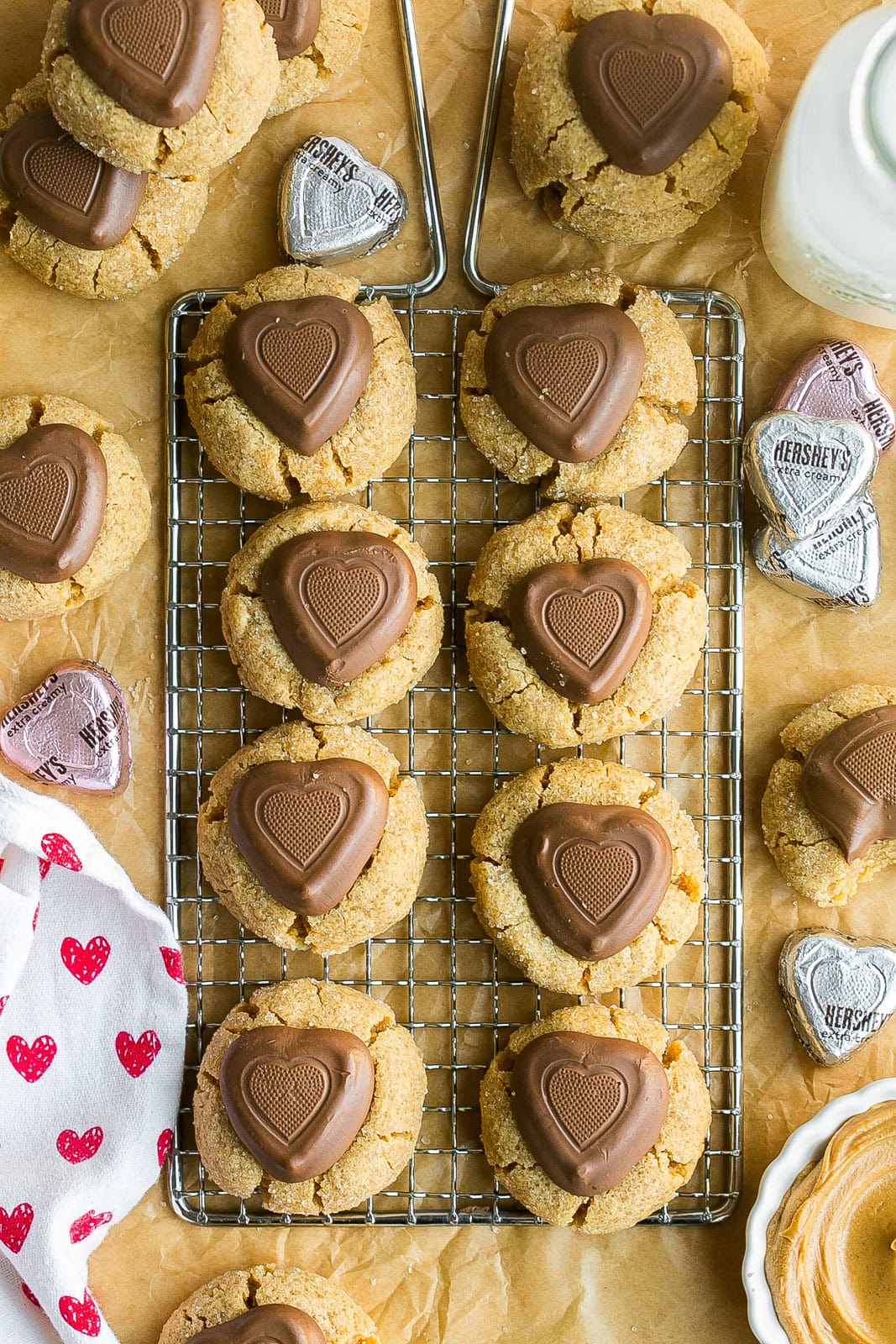 Peanut Butter Heart Cookies on cooling rack.
